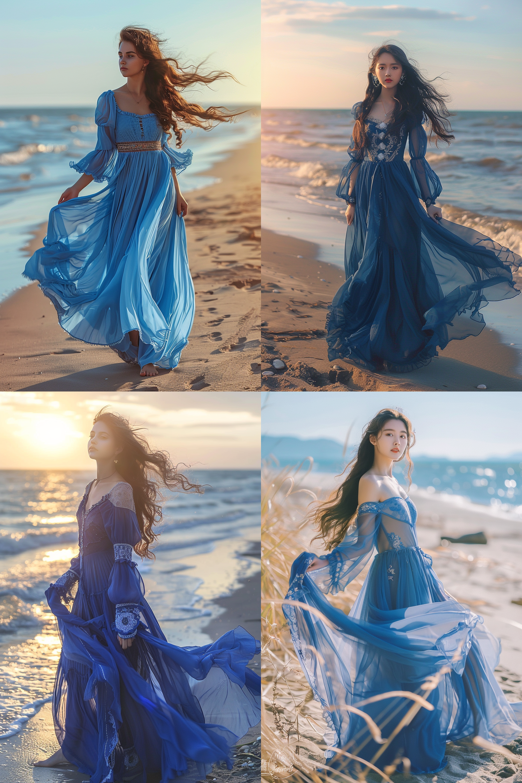 长发飘逸美女，宝石蓝复古长裙，高腰设计，蕾丝镶边，蓬松袖子，海滩派对，夏日阳光，微风轻拂，裙摆摇曳，8k分辨率，细腻细节，自然光，柔和色调，浪漫氛围。