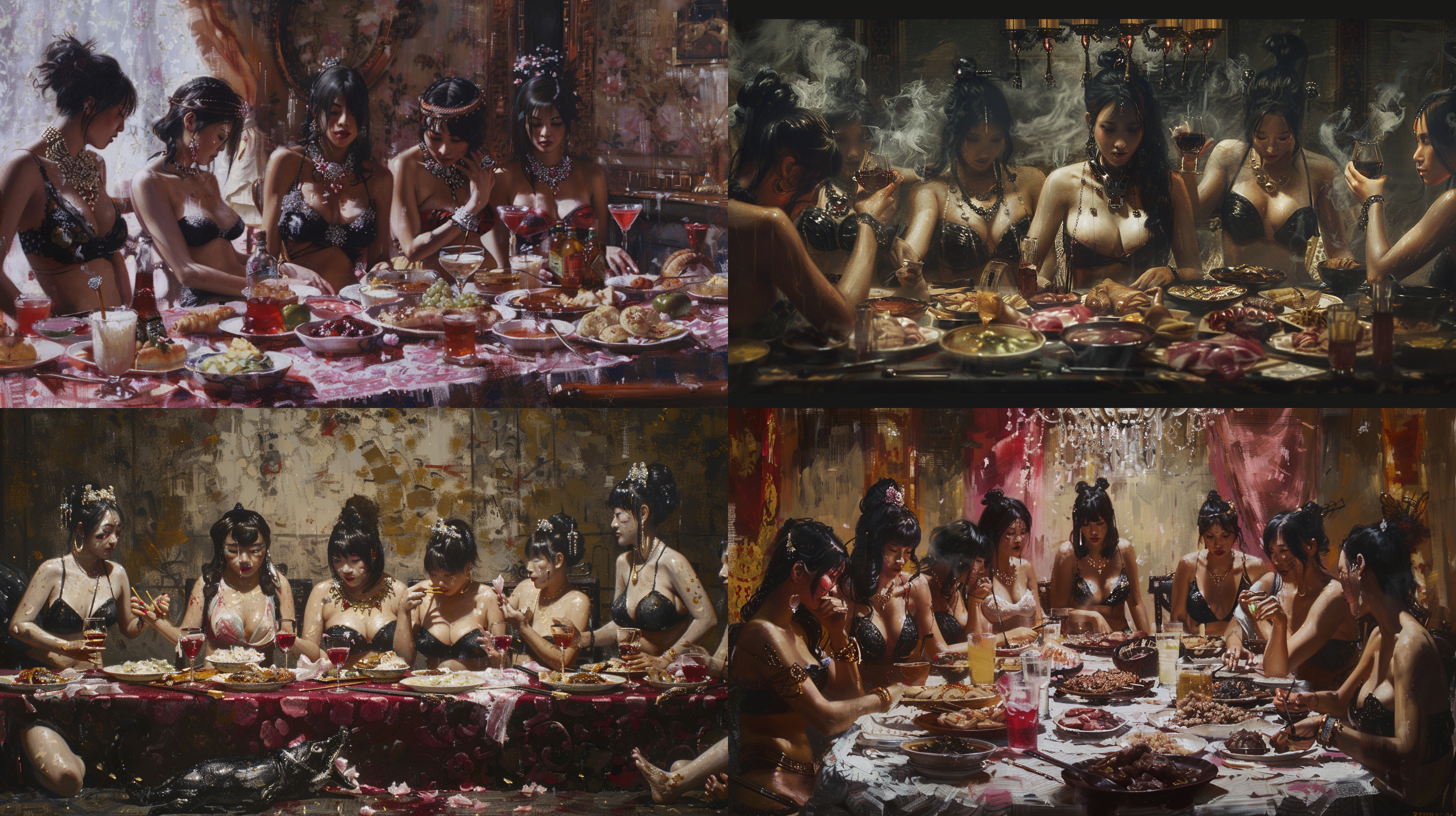 法国大革命，画面上是一群黑色比坚尼中国肥胖美女，整个场景充满了庄严肃穆的氛围，桌上摆满了各种美食和酒水。明暗对比强烈，色调偏向暖色调，表现出沉重的情感。油画风格，静态，室内，长焦镜头，侧光，凝视，忧郁。