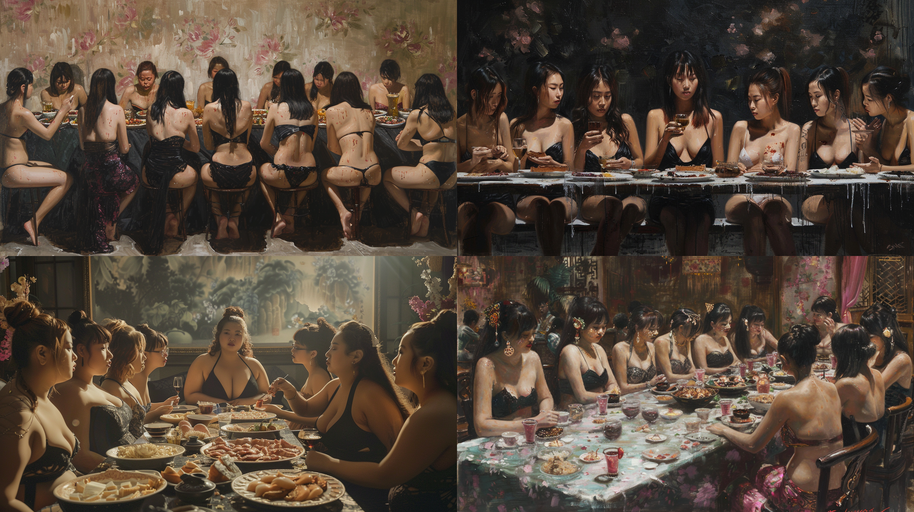 最后的晚餐，画面上是一群黑色比坚尼中国肥胖美女坐在长桌旁，她们面对面坐着，一个女人的背影显得孤独，坐在长桌上，整个场景充满了庄严肃穆的氛围，桌上摆满了各种美食和酒水。明暗对比强烈，色调偏向暖色调，表现出沉重的情感。油画风格，静态，室内，长焦镜头，侧光，凝视，忧郁。