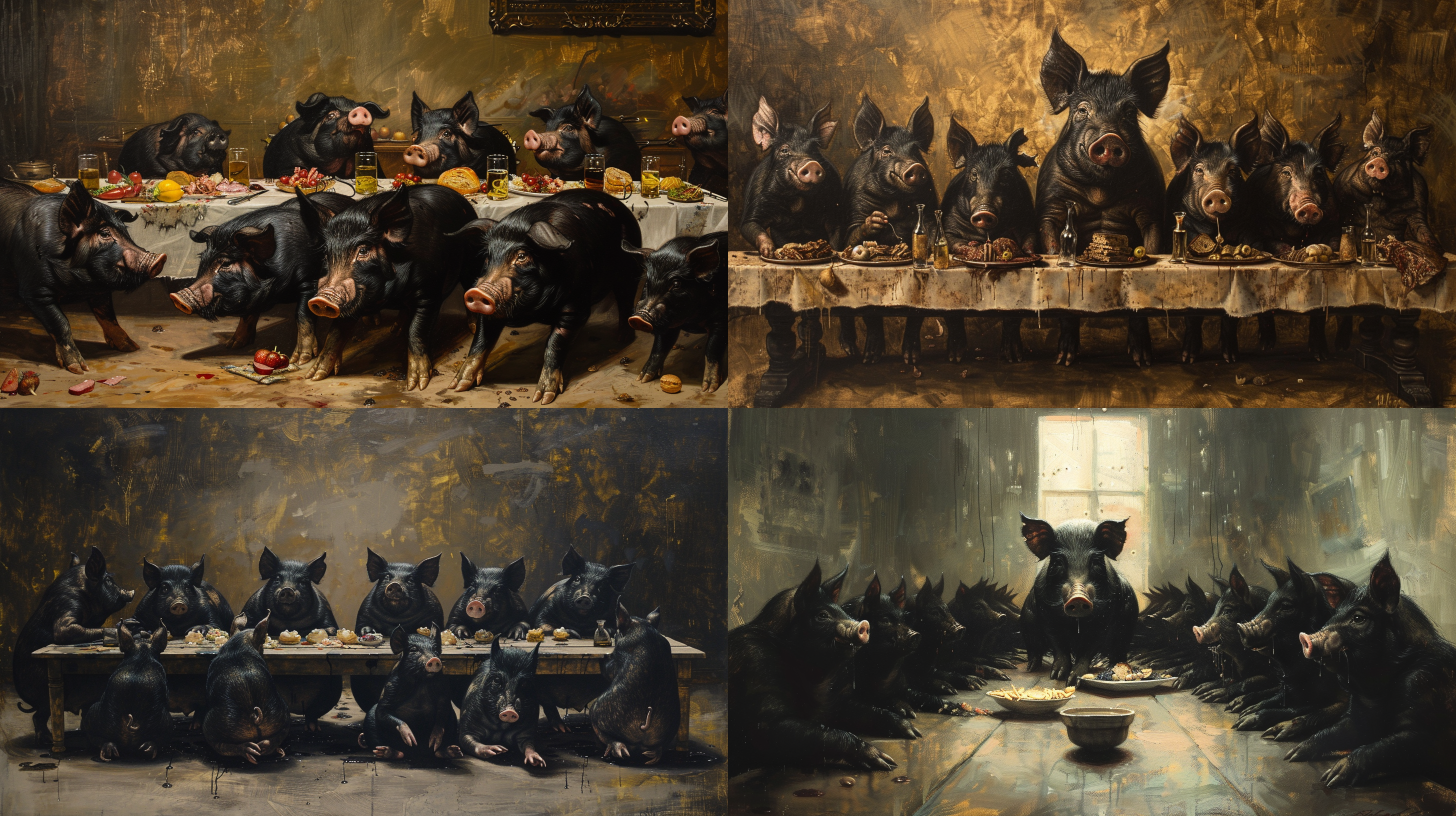 最后的晚餐，画面上是一群黑色比坚尼肥猪坐在长桌旁，它们面对面坐着，一只肥猪的背影显得孤独，坐在长桌上，整个场景充满了庄严肃穆的氛围，桌上摆满了各种美食和酒水。明暗对比强烈，色调偏向暖色调，表现出沉重的情感。油画风格，静态，室内，长焦镜头，侧光，凝视，忧郁。