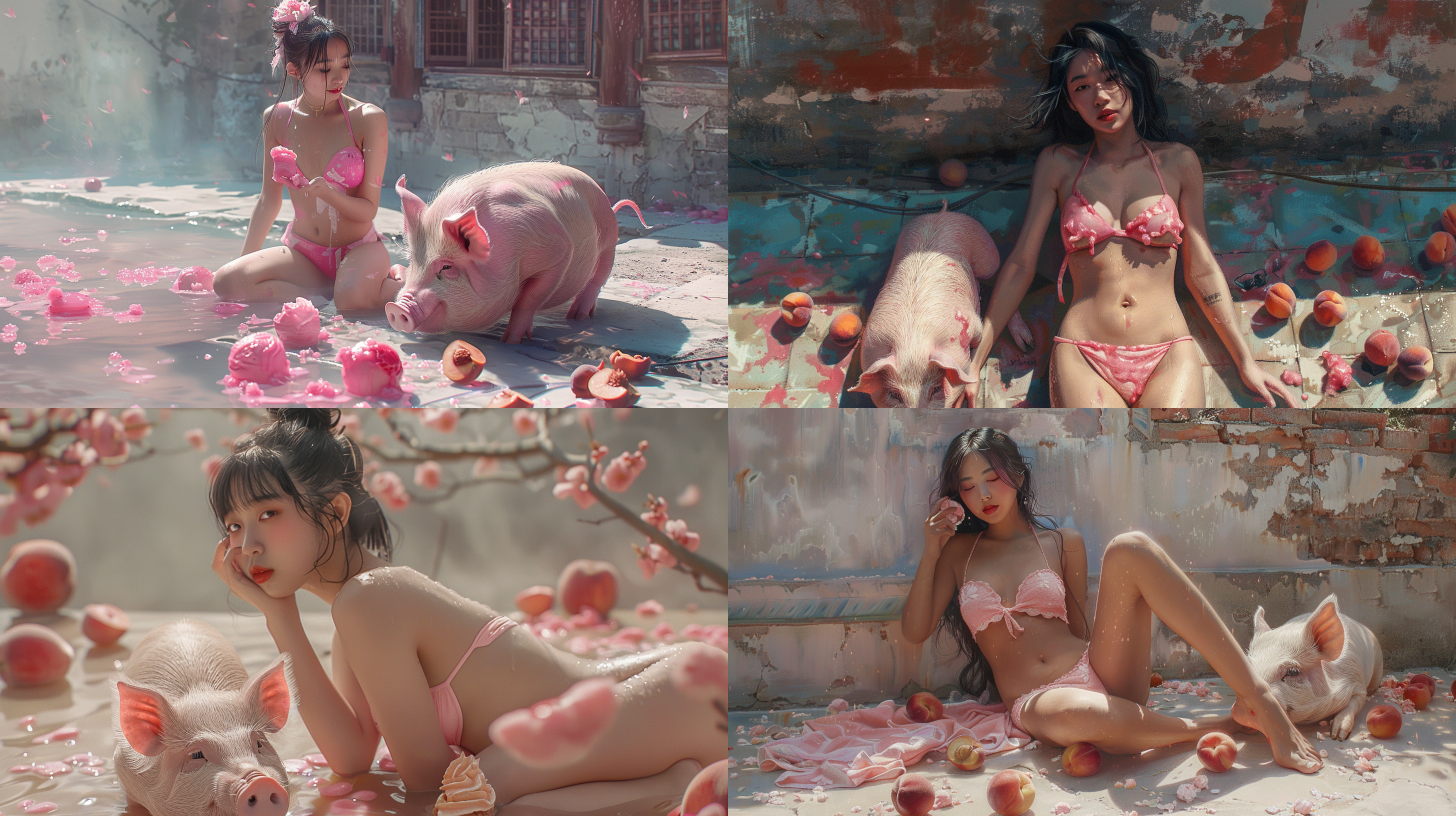 一个粉红色比坚尼中国美女和一只肥猪，整个场景充满了庄严肃穆的氛围，地上放满了粉红色的雪糕和桃子。明暗对比强烈，色调偏向暖色调，表现出沉重的情感。油画风格，静态，室外，长焦镜头，侧光，凝视，忧郁。