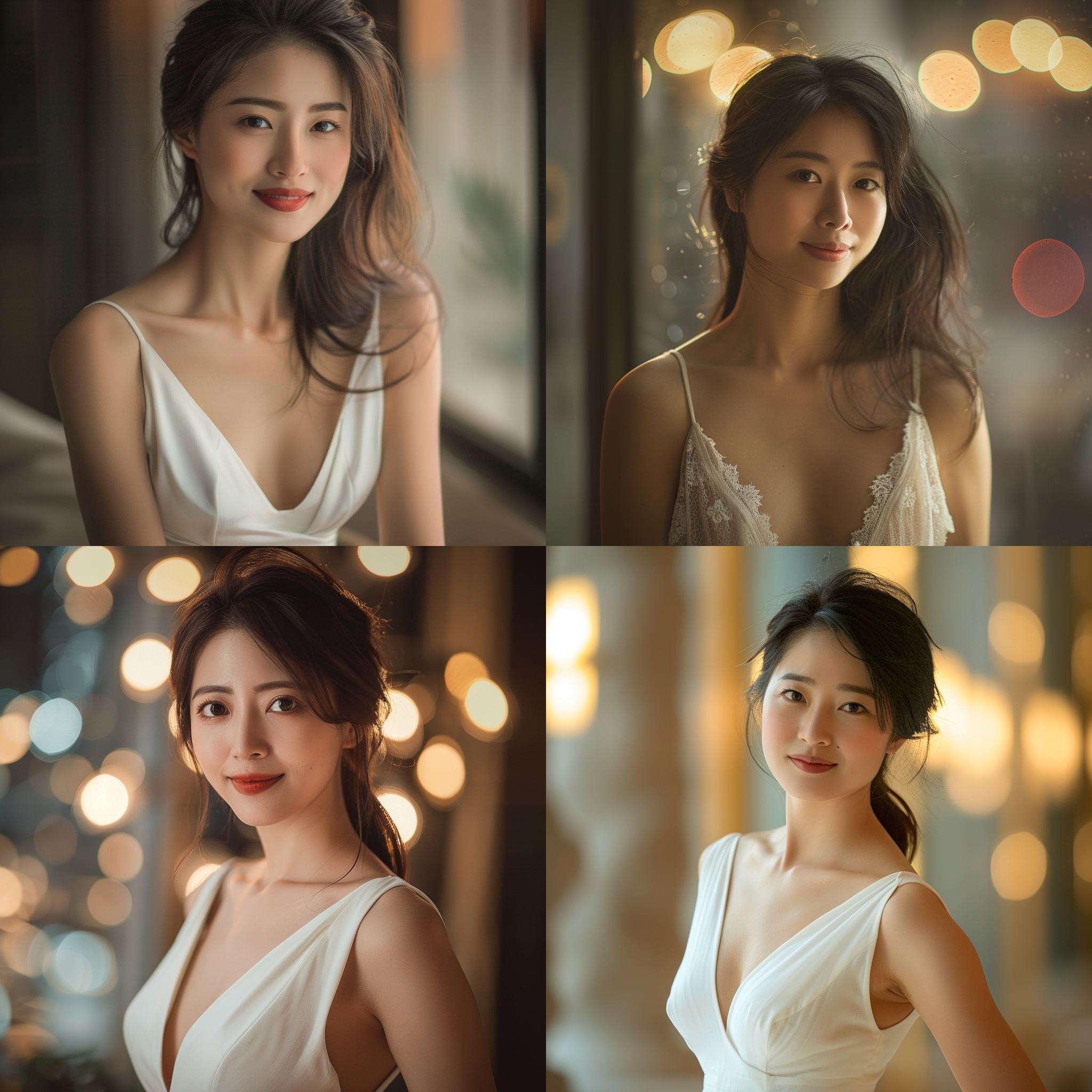 中国女士，优美曲线，白色深v领连衣裙，正面半身照，电影场景风格，柔和光线，自然微笑，优雅姿态，浅景深，高光细节，温暖色调，柔焦背景。