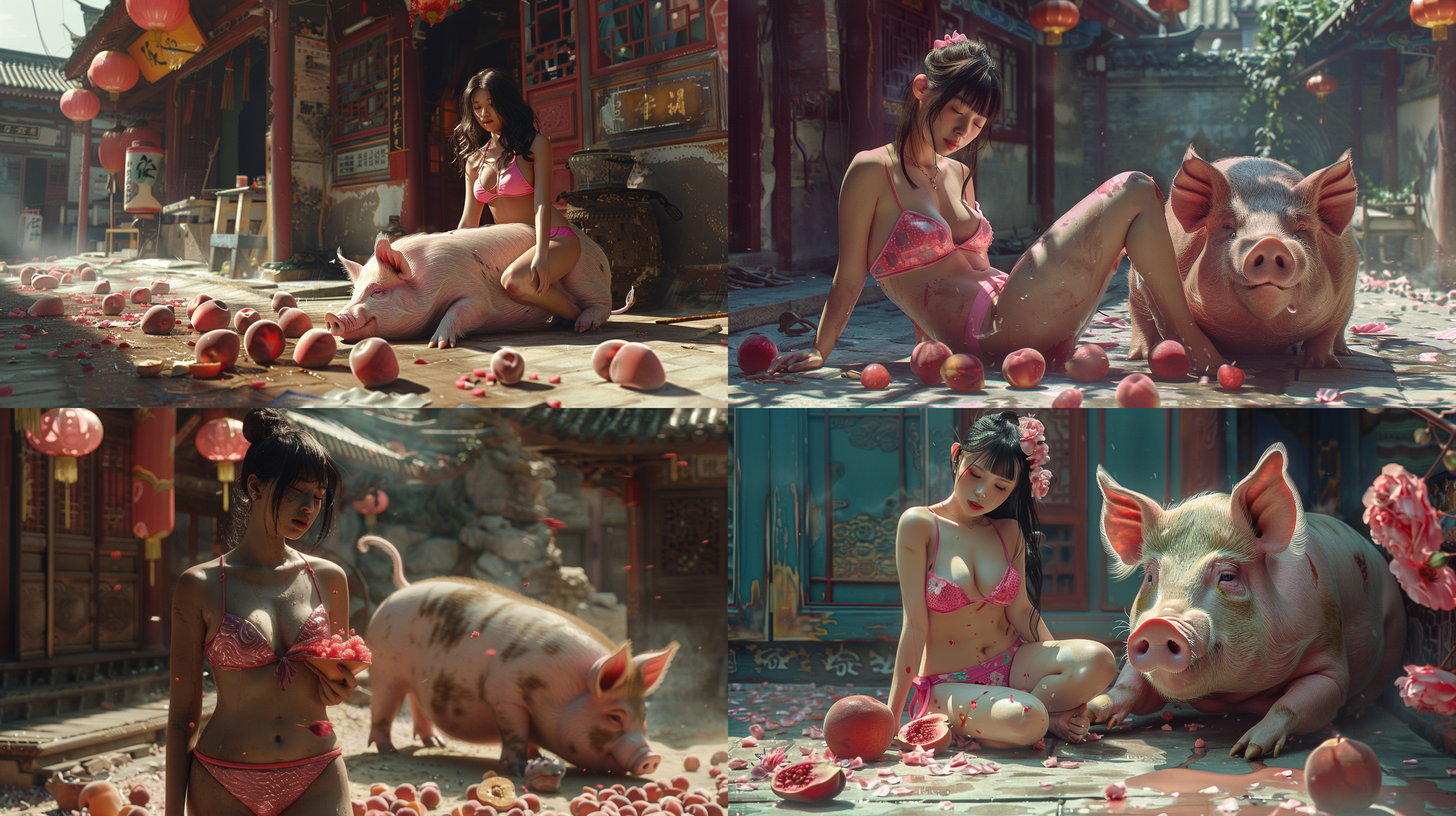 一个粉红色比坚尼中国肥胖美女和一只大肥猪，整个场景充满了庄严肃穆的氛围，地上放满了粉红色的雪糕和桃子。明暗对比强烈，色调偏向暖色调，表现出沉重的情感。油画风格，静态，室外，长焦镜头，侧光，凝视，忧郁。