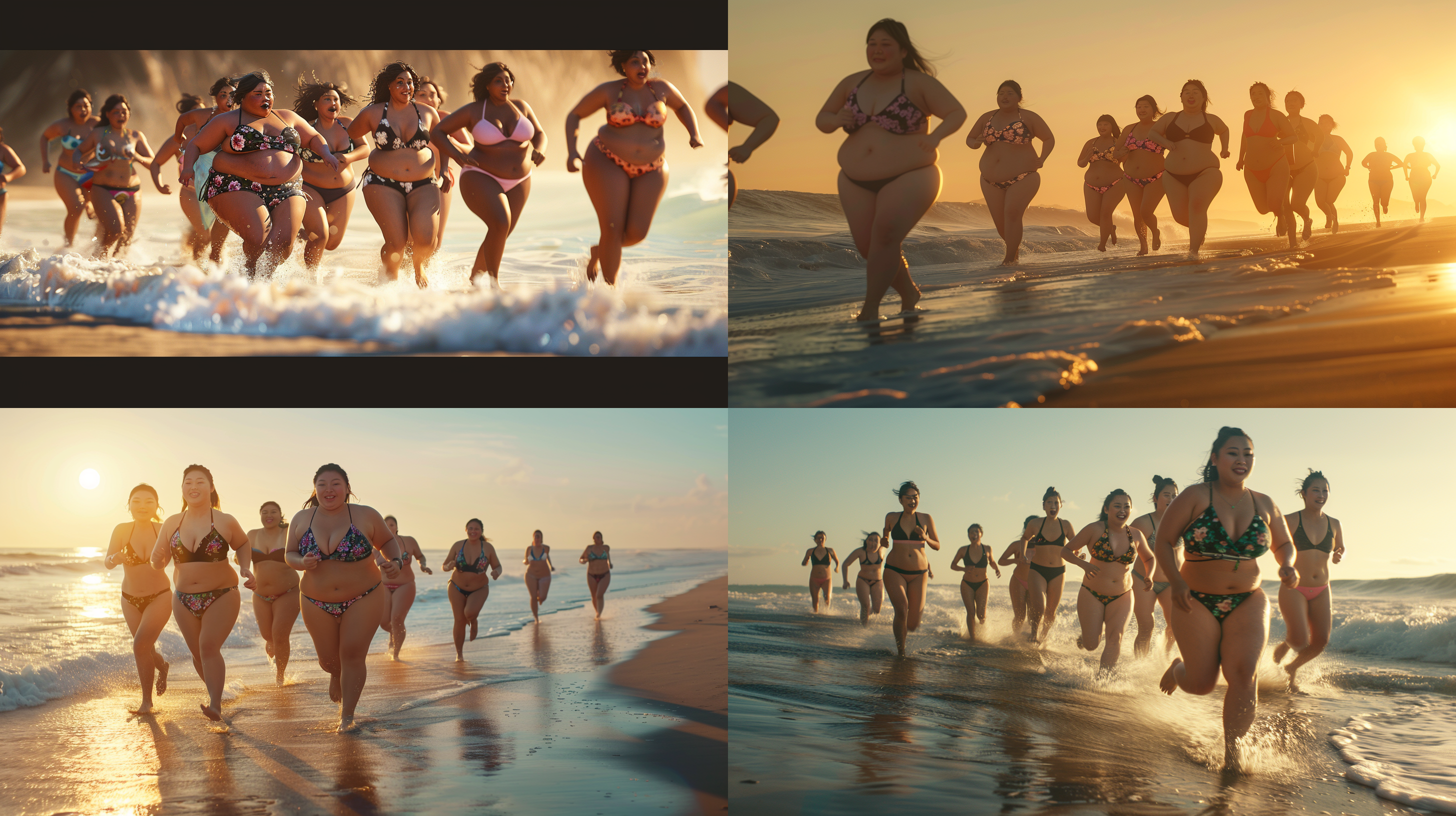 10个黑色碎花比基尼美丽日本超级肥胖女孩在奔跑，海滩背景，高细节超逼真，嫩白肤色，4k分辨率，鲜艳色彩，侧逆光，特写镜头，真实风格，最佳画质，动态捕捉，夕阳，海浪，沙滩，快乐表情。