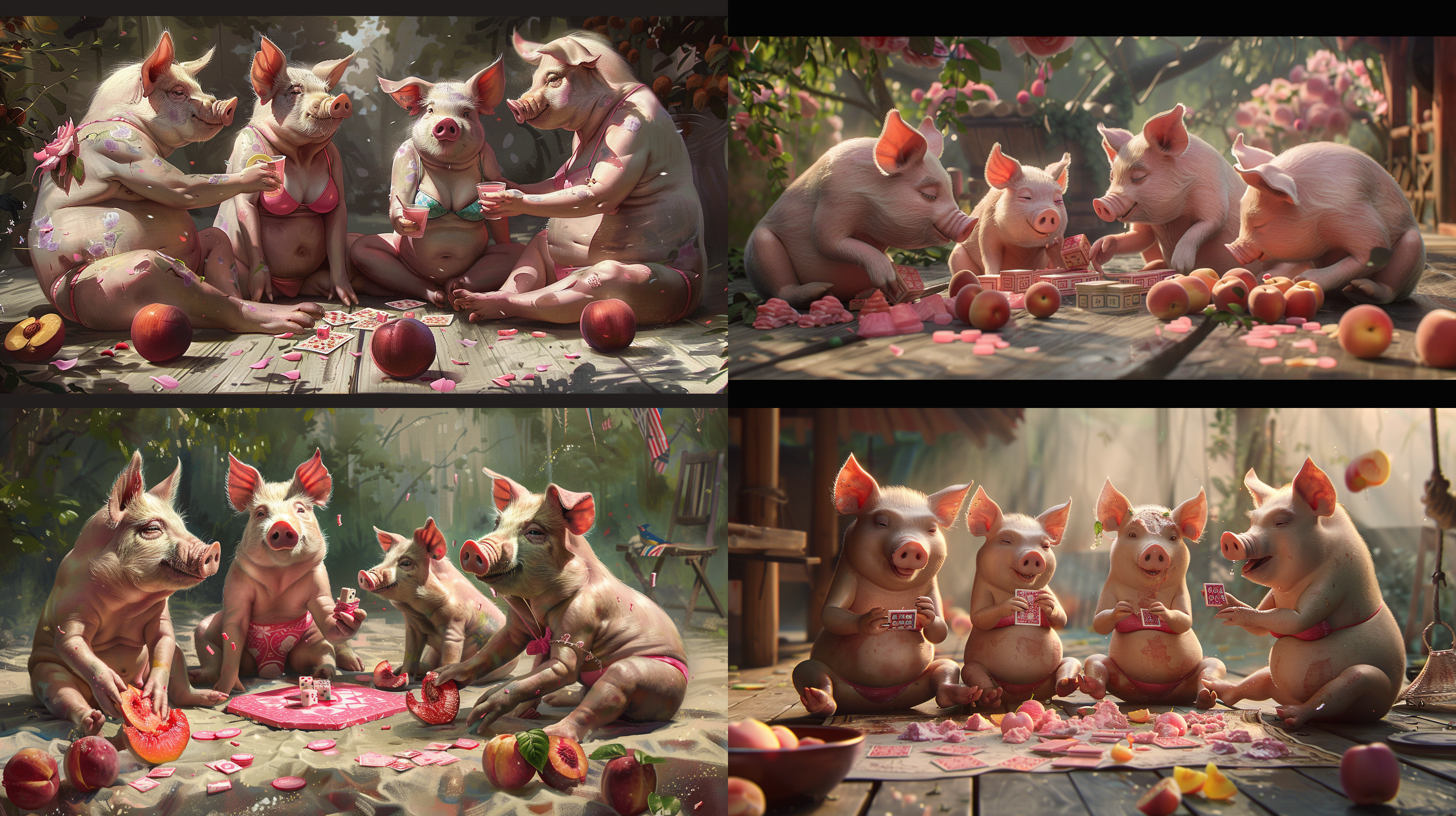 4只粉红色比坚尼大肥猪在打麻将，整个场景充满了庄严肃穆的氛围，地上放满了粉红色的雪糕和桃子。明暗对比强烈，色调偏向暖色调，表现出沉重的情感。油画风格，静态，室外，长焦镜头，侧光，凝视，忧郁。