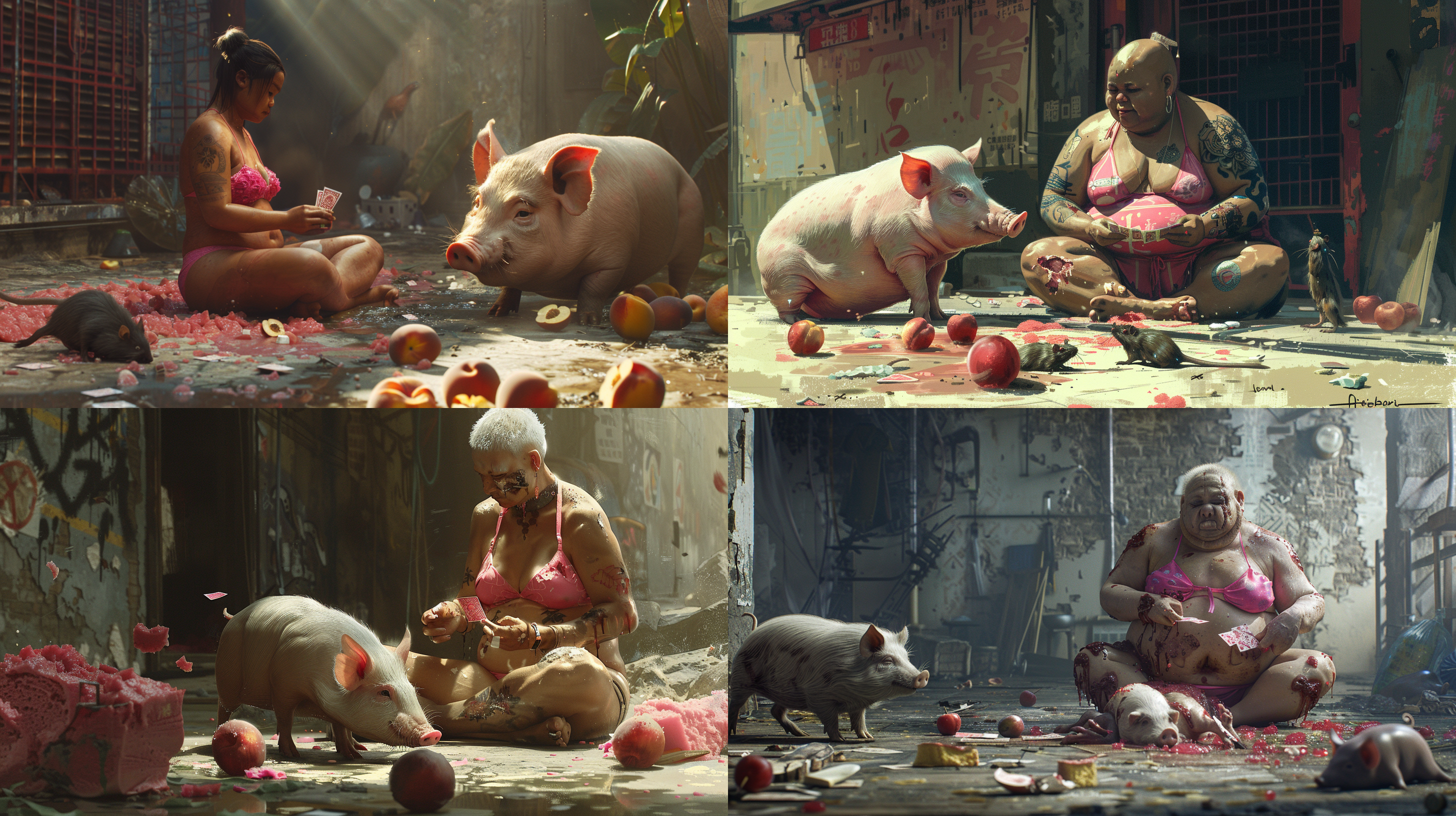 一个粉红色比坚尼中国肥胖光头阿姨坐在地上，和一只大肥猪在打牌，地上放满了粉红色的雪糕、桃子和一群死掉的老鼠和老鼠内脏，整个场景充满了庄严肃穆的氛围。明暗对比强烈，色调偏向暖色调，表现出沉重的情感。油画风格，静态，室内，长焦镜头，侧光，凝视，忧郁。
