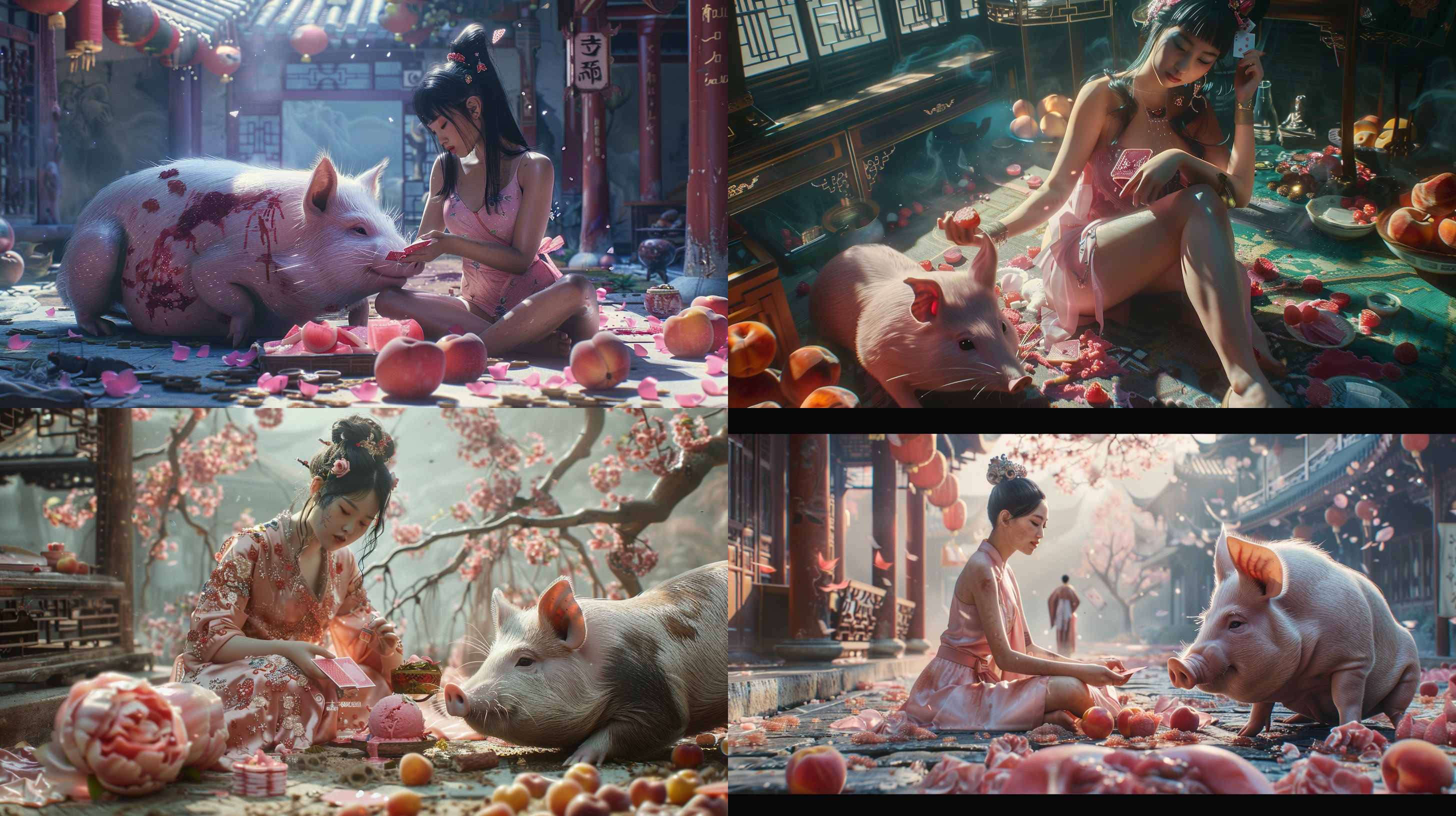 一个粉红色旗袍的中国肥胖美女坐在地上和一只穿粉红色比坚尼的大肥猪在打牌，地上放满了粉红色的雪糕、桃子和一群死掉的老鼠和老鼠内脏，整个场景充满了庄严肃穆的氛围。明暗对比强烈，色调偏向暖色调，表现出沉重的情感。油画风格，静态，室内，长焦镜头，侧光，凝视，忧郁。