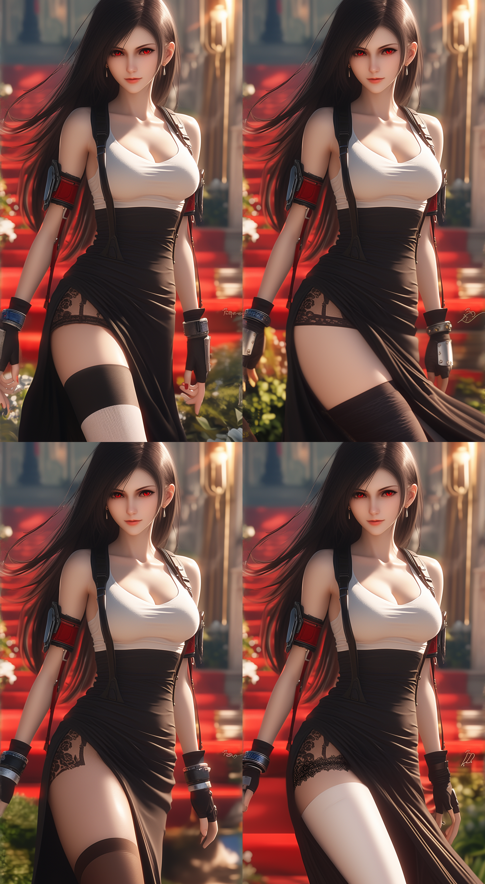 tiffany lockhart from final fantasy 7, dressed in a red deep v evening gown with lace stockings: ：2. high heels and long legs, walking alone on the red carpet, highlighting characters, downplaying background, realistic proportions, pursuing details, 8k