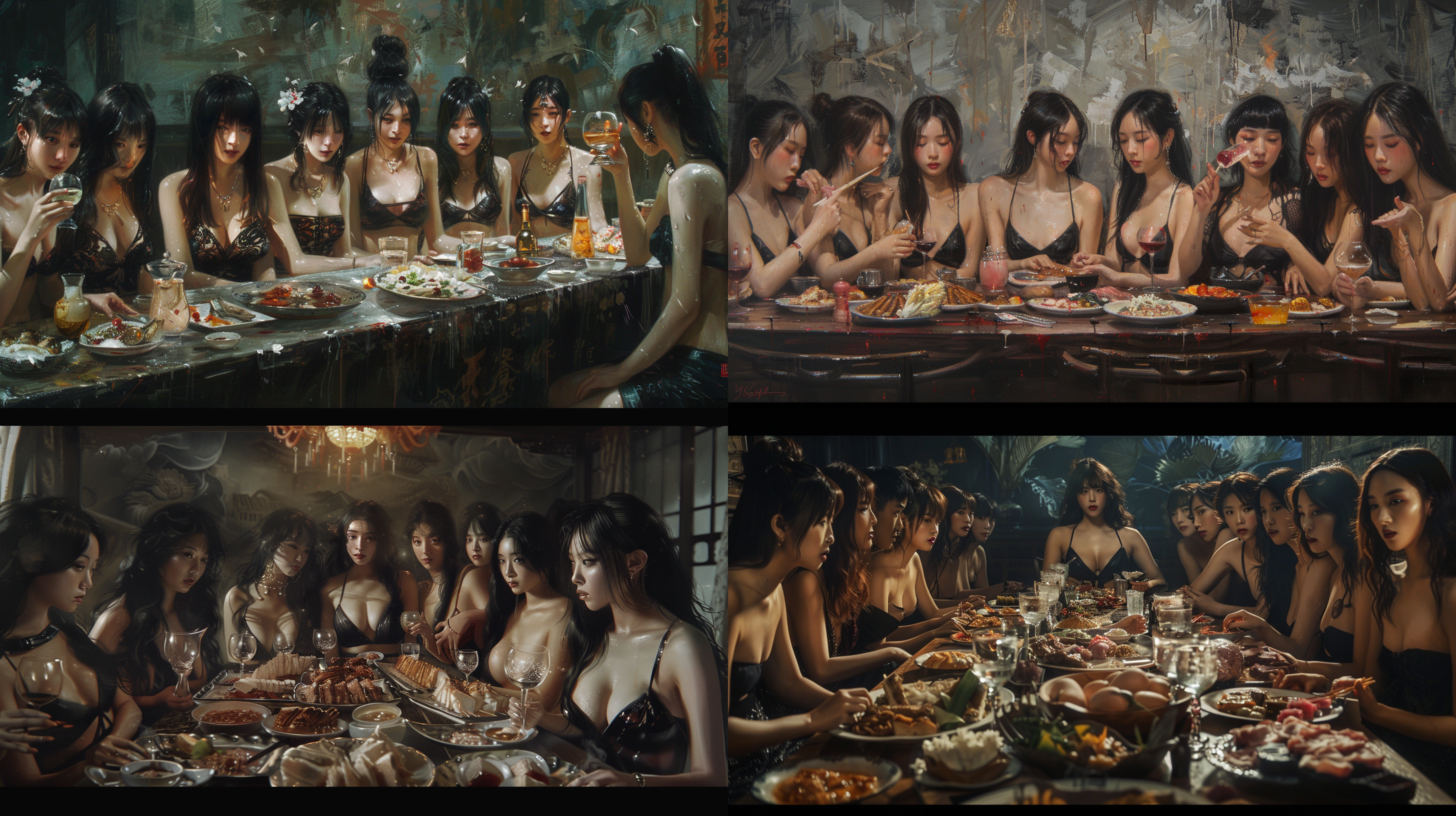 最后的晚餐，一群黑色比坚尼中国肥胖美女坐在长桌上，整个场景充满了庄严肃穆的氛围，桌上摆满了各种美食和酒水。明暗对比强烈，色调偏向暖色调，表现出沉重的情感。油画风格，静态，室内，长焦镜头，侧光，凝视，忧郁。