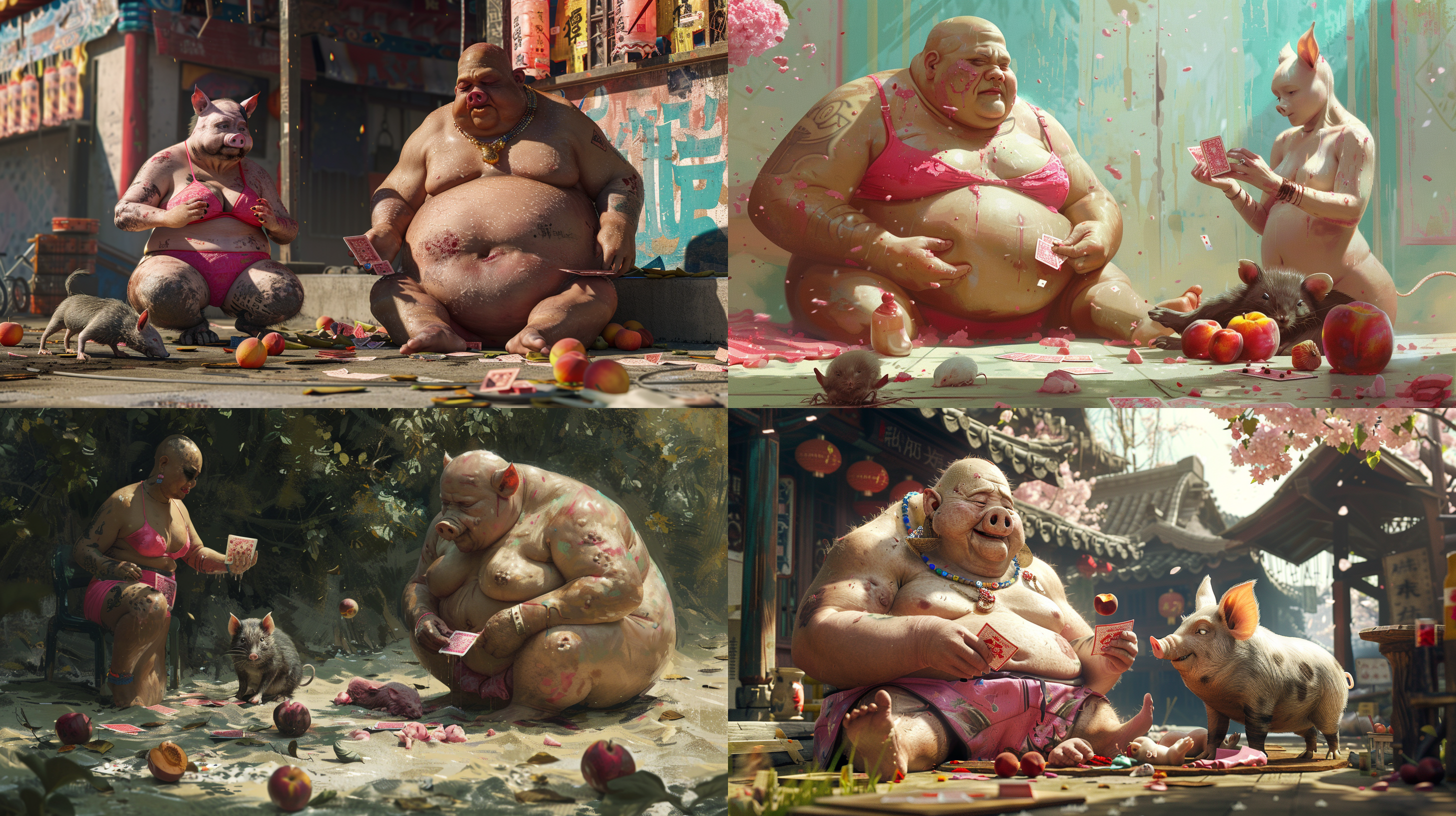 一个粉红色比坚尼中国肥胖光头阿姨和一只大肥猪在打牌，整个场景充满了庄严肃穆的氛围，地上放满了粉红色的雪糕、桃子和一群死掉的老鼠和老鼠内脏。明暗对比强烈，色调偏向暖色调，表现出沉重的情感。油画风格，静态，室外，长焦镜头，侧光，凝视，忧郁。
