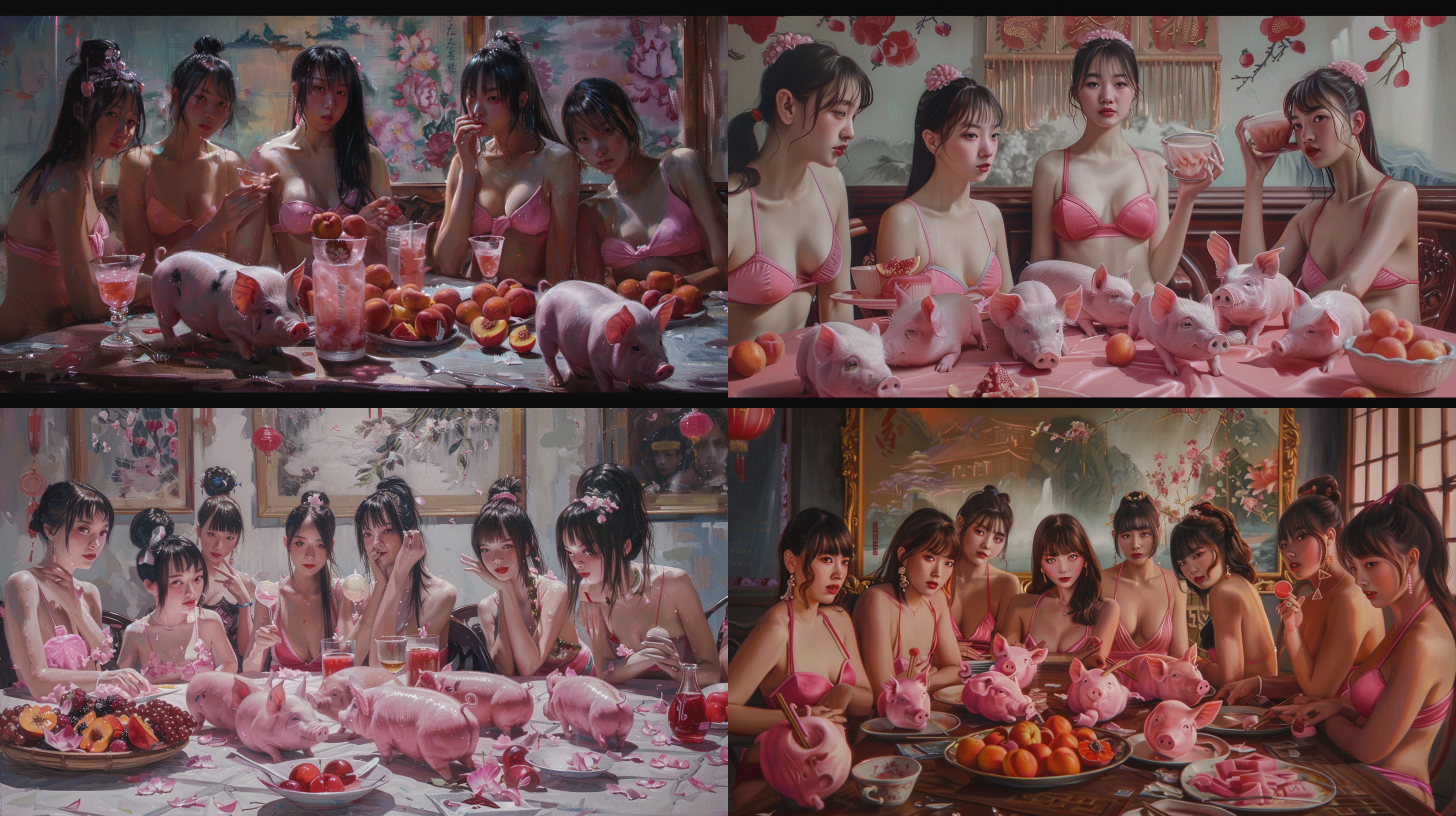 一群粉红色比坚尼中国美女和一群粉肥猪坐在殡仪馆，整个场景充满了庄严肃穆的氛围，桌上摆满了粉红色的雪糕和桃子。明暗对比强烈，色调偏向暖色调，表现出沉重的情感。油画风格，静态，室内，长焦镜头，侧光，凝视，忧郁。