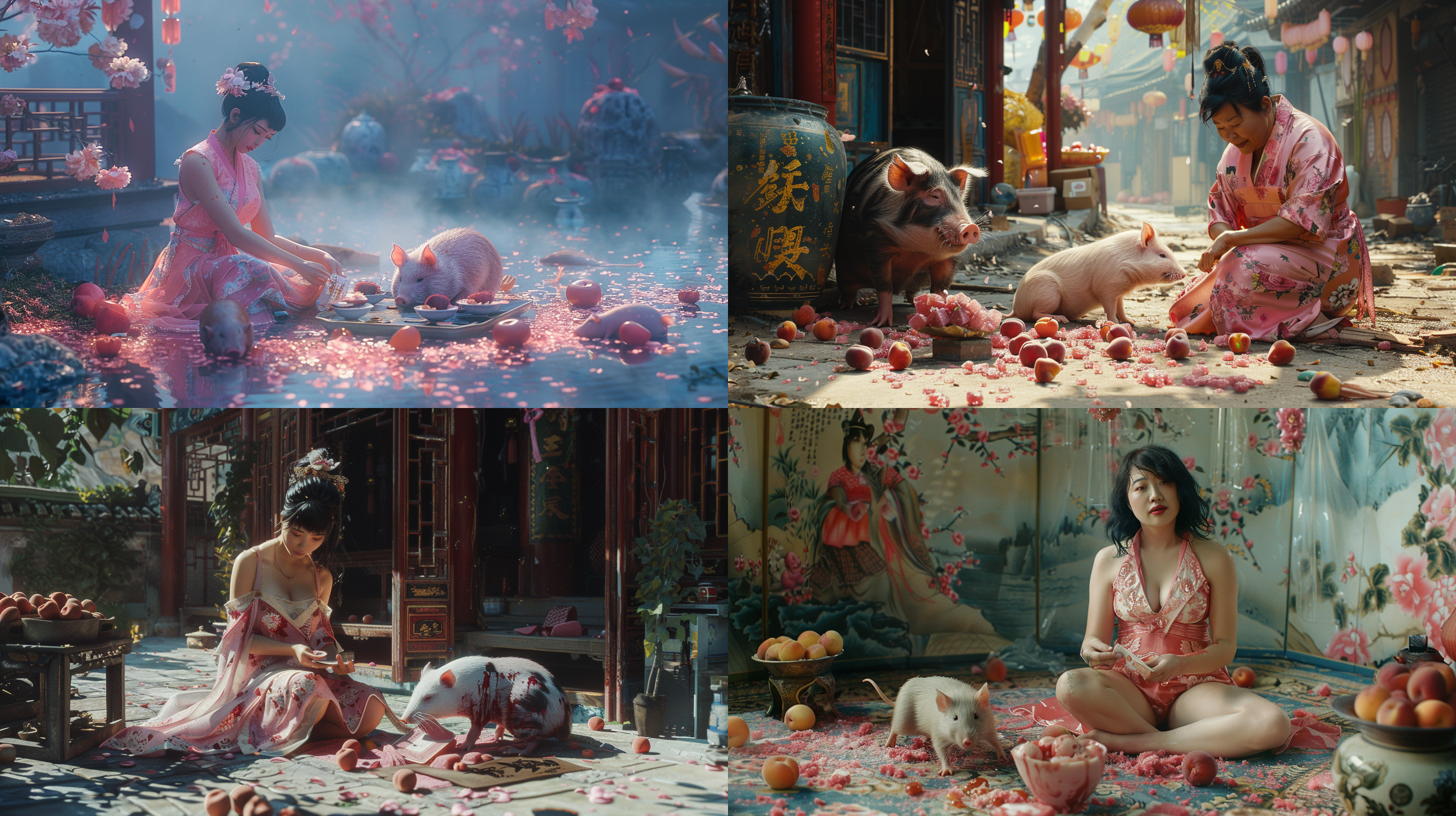 一个粉红色比旗袍的中国肥胖阿姨坐在地上，和一只穿粉红色比坚尼的大肥猪在打牌，地上放满了粉红色的雪糕、桃子和一群死掉的老鼠和老鼠内脏，整个场景充满了庄严肃穆的氛围。明暗对比强烈，色调偏向暖色调，表现出沉重的情感。油画风格，静态，室内，长焦镜头，侧光，凝视，忧郁。