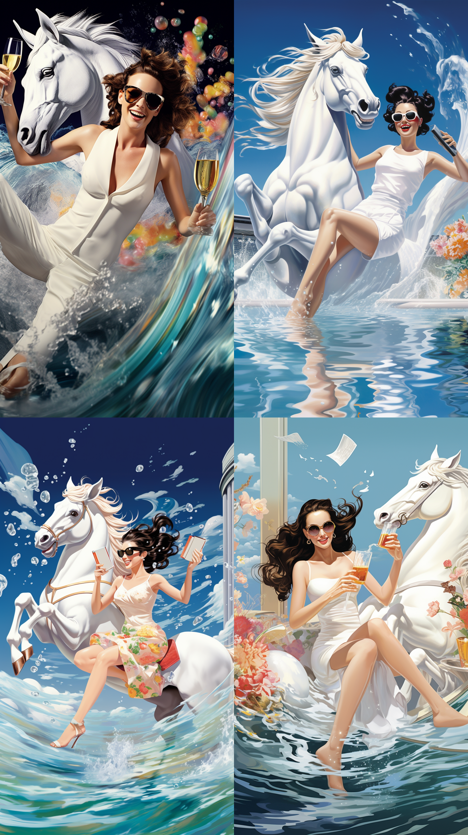 泳池中女性坐充气独角兽，波浪长发，白色泳衣，优雅坐姿，左手持香槟，欢呼，水花波纹，模特风范，亚洲面孔，时尚杂志封面，完美眼睛，精准手指，远景，海边酒店，度假氛围，椰子树点缀，艺术感，清新明亮，大片质感，真实摄影。