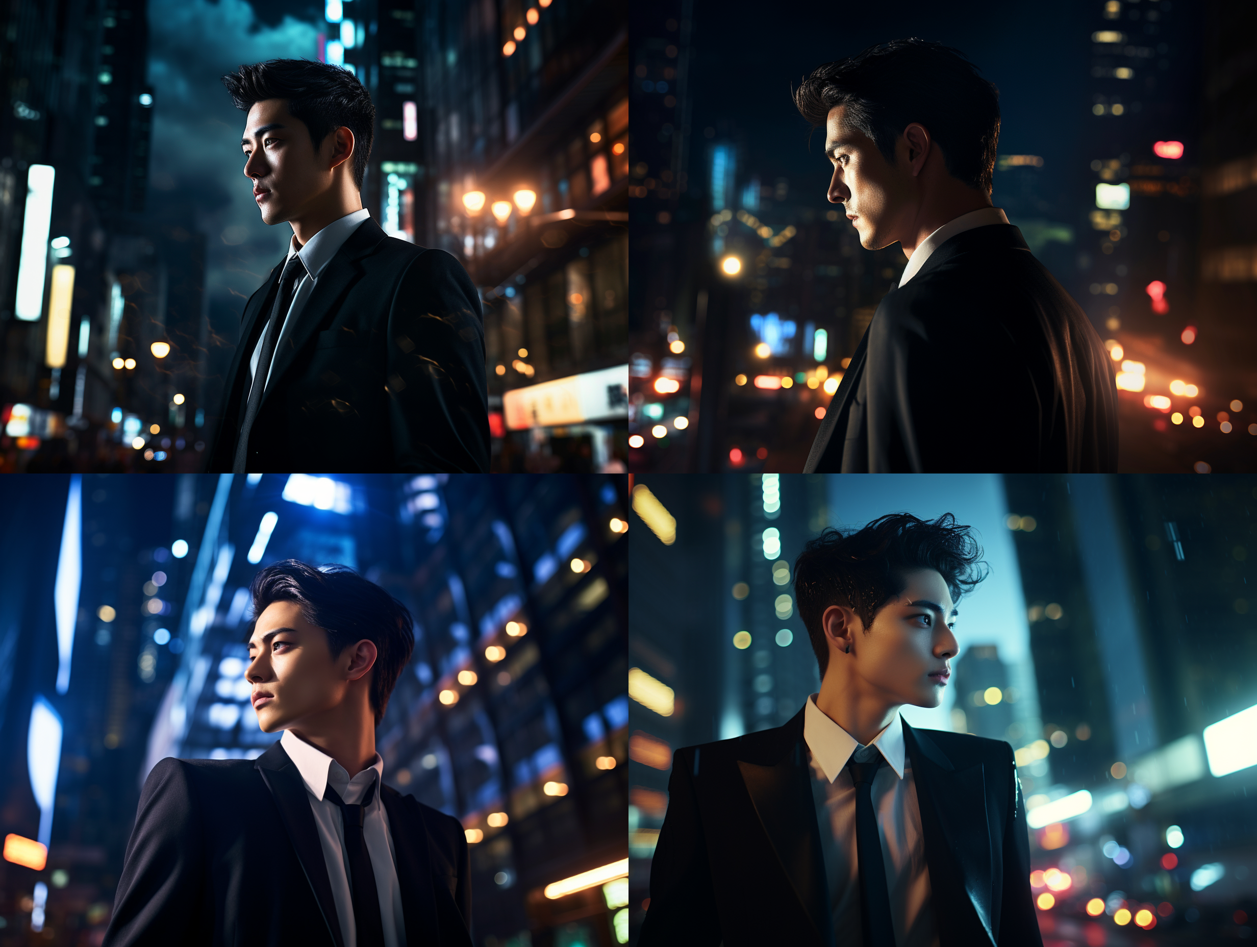 dong yuhui wears a black suit and white shirt, profile, neon city night scene background, high angle view, city lights and shadows, reflections, modern style, side light, bright tones, serious expression. high definition, wide angle lens, snapshot, confident.
