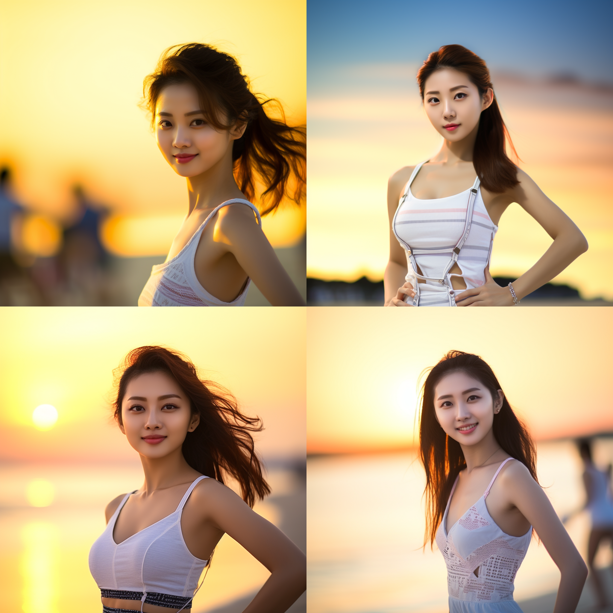 海边比基尼美女，东方女孩，白色泳装，甜美笑容，肤白，年轻活力，沙滩背景，日落时分，柔光，长焦镜头，浅景深，温暖色调，轻松氛围。