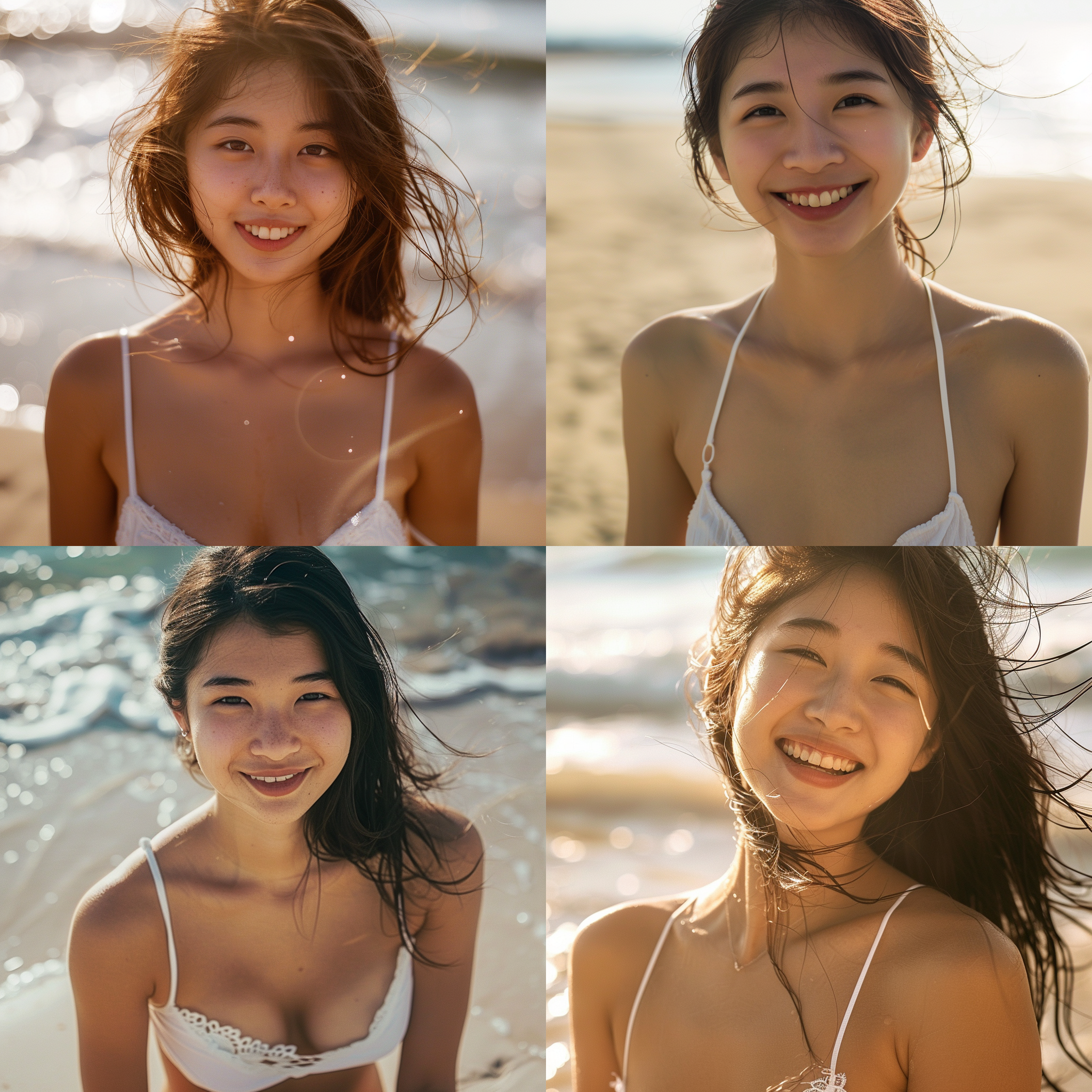 海边比基尼美女，东方女孩，白色泳装，甜美微笑，肤白，年轻活力，近景，全景，温柔海风，黄金分割构图，自然光，柔和色调，沙滩背景，长焦镜头，浅景深，动态捕捉。