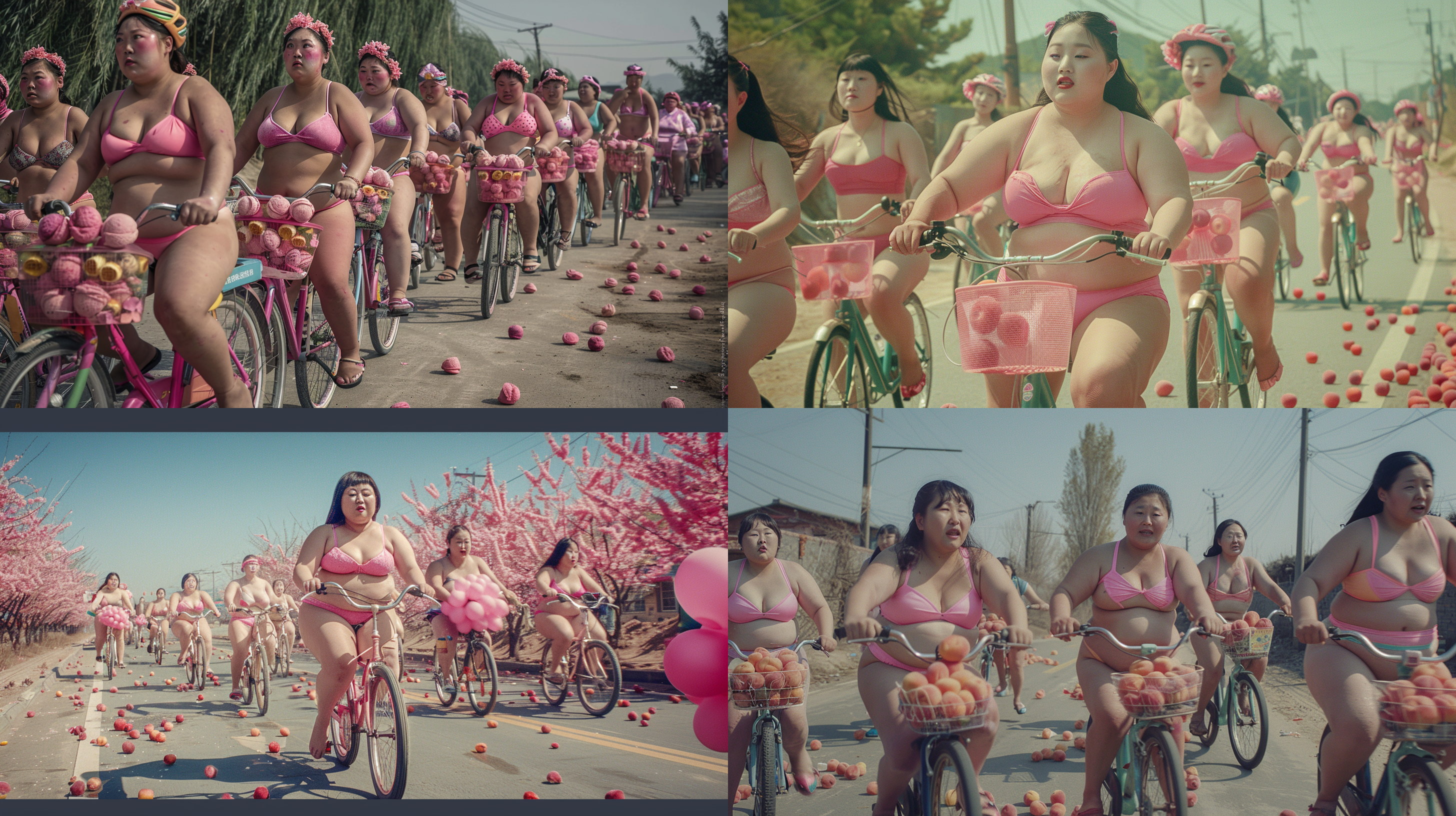 一群粉红色比坚尼中国肥胖美女坐骑着单车在马路上飞驰，地上放满了粉红色的雪糕、桃子，整个场景充满了庄严肃穆的氛围。明暗对比强烈，色调偏向暖色调，表现出沉重的情感。油画风格，静态，室外，长焦镜头，侧光，凝视，忧郁。