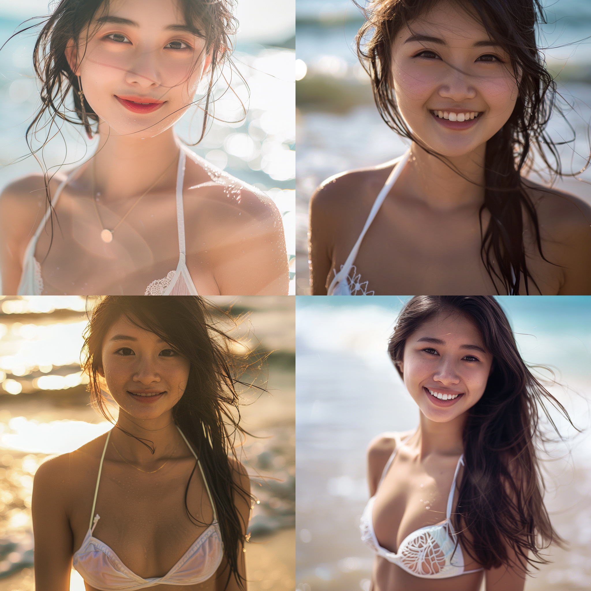 海边比基尼美女，东方女孩，白色泳装，甜美微笑，肤白，年轻活力，近景，全景，温柔海风，黄金分割构图，自然光，柔和色调，沙滩背景，长焦镜头，浅景深，动态捕捉。