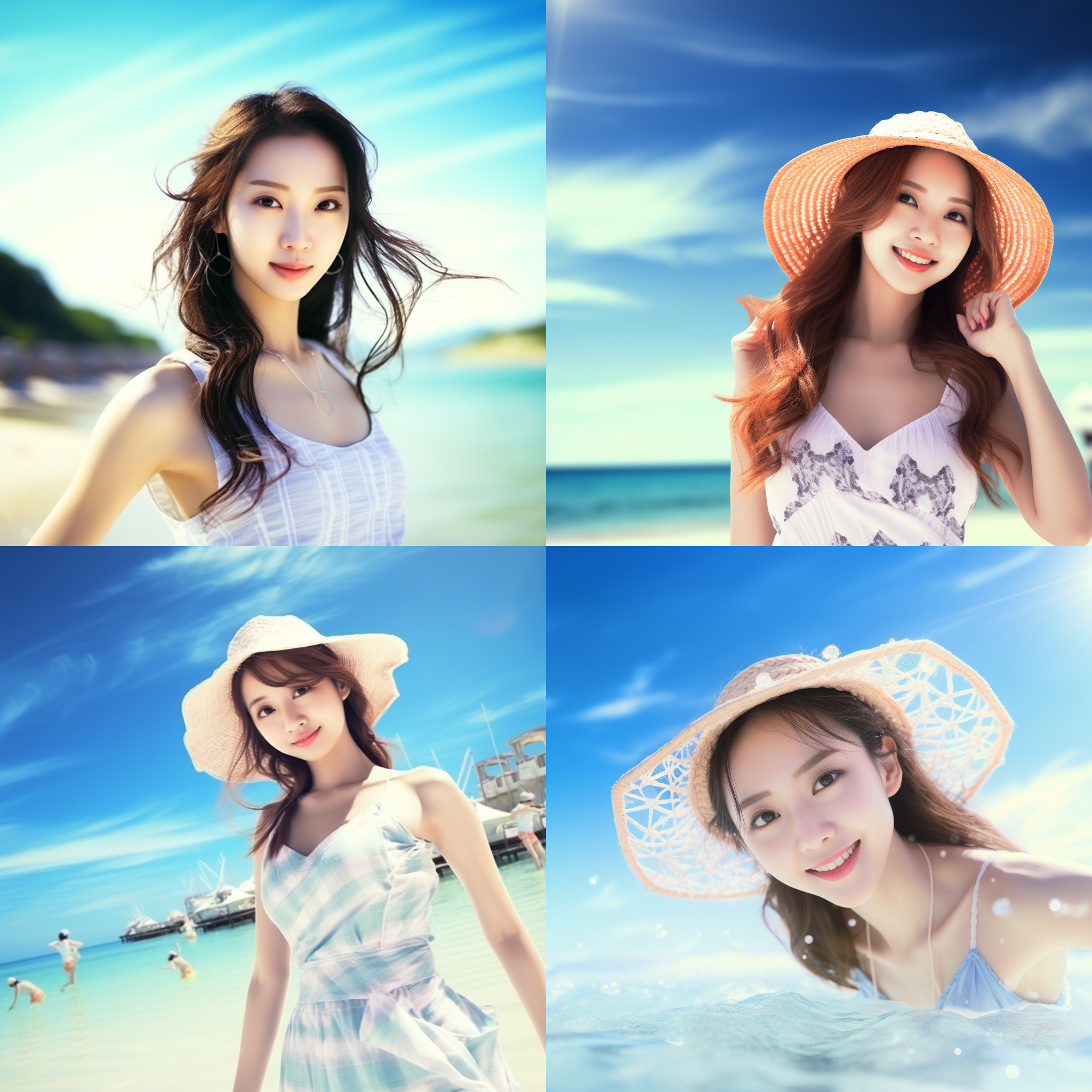 海边比基尼美女，东方女孩，白色泳装，甜美微笑，肤白年轻，活力四射，广角镜头近景，全景构图，温柔阳光，自然光，柔和色调，沙滩背景，轻松氛围。