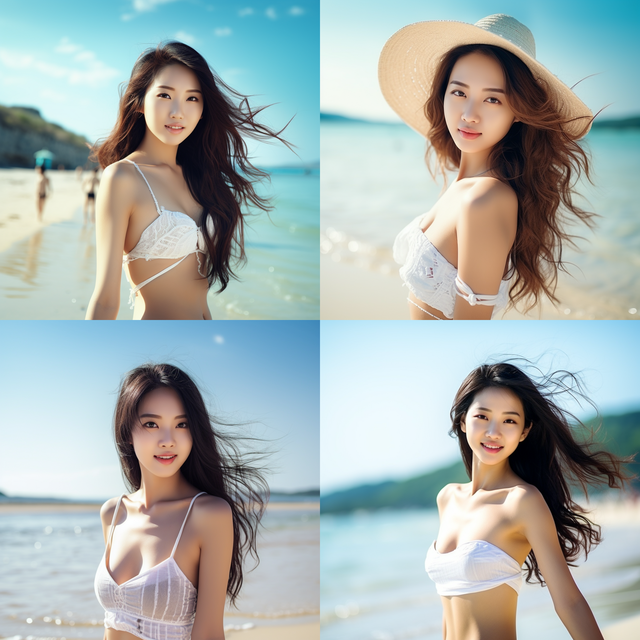 海边比基尼美女，东方女孩，白色泳装，甜美微笑，肤白年轻，活力四射，广角镜头近景，全景构图，温柔阳光，自然光，柔和色调，沙滩背景，轻松氛围。