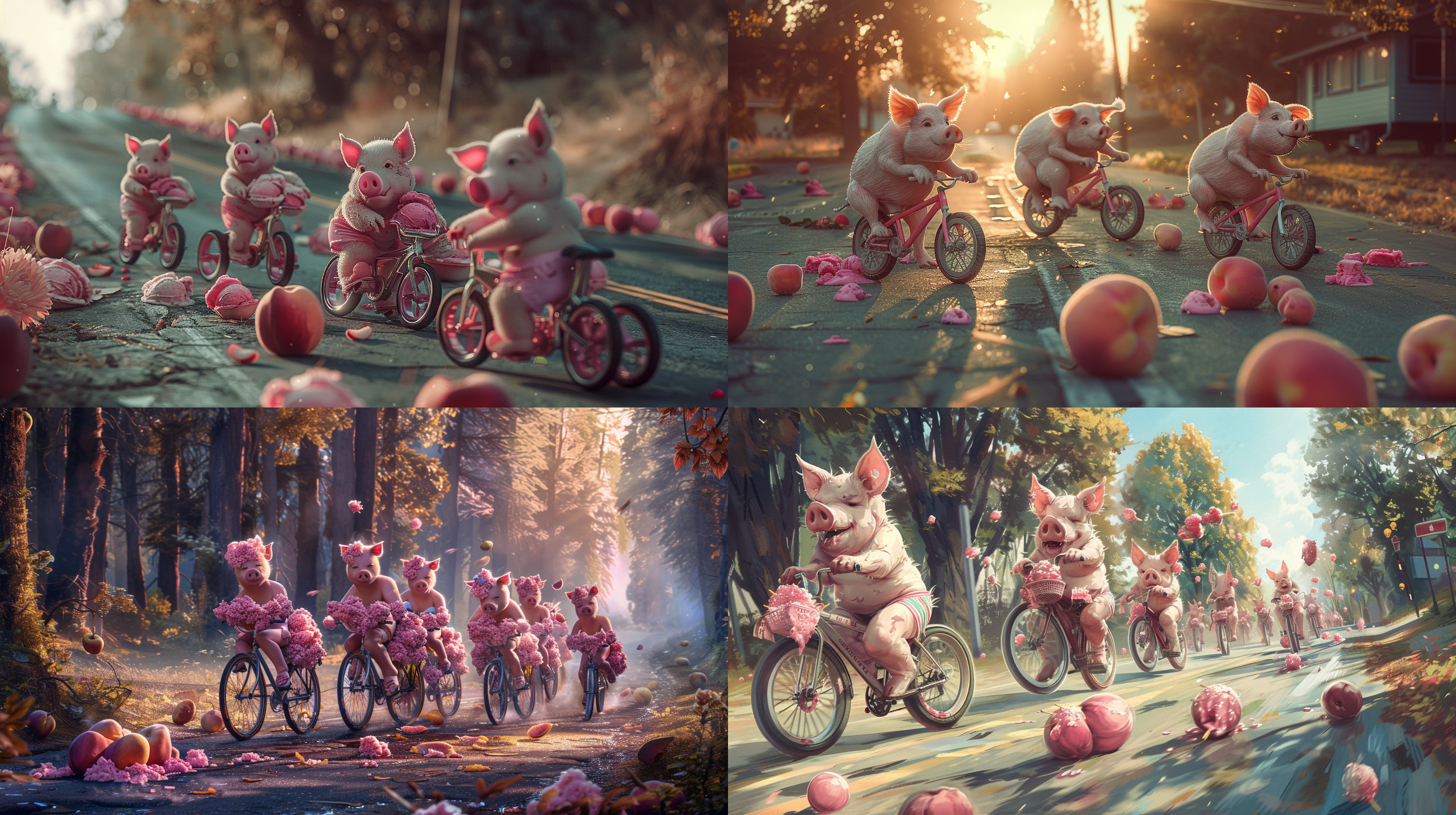 一群粉红色比坚尼肥猪坐骑着单车在马路上飞驰，地上放满了粉红色的雪糕、桃子，整个场景充满了庄严肃穆的氛围。明暗对比强烈，色调偏向暖色调，表现出沉重的情感。油画风格，静态，室外，长焦镜头，侧光，凝视，忧郁。