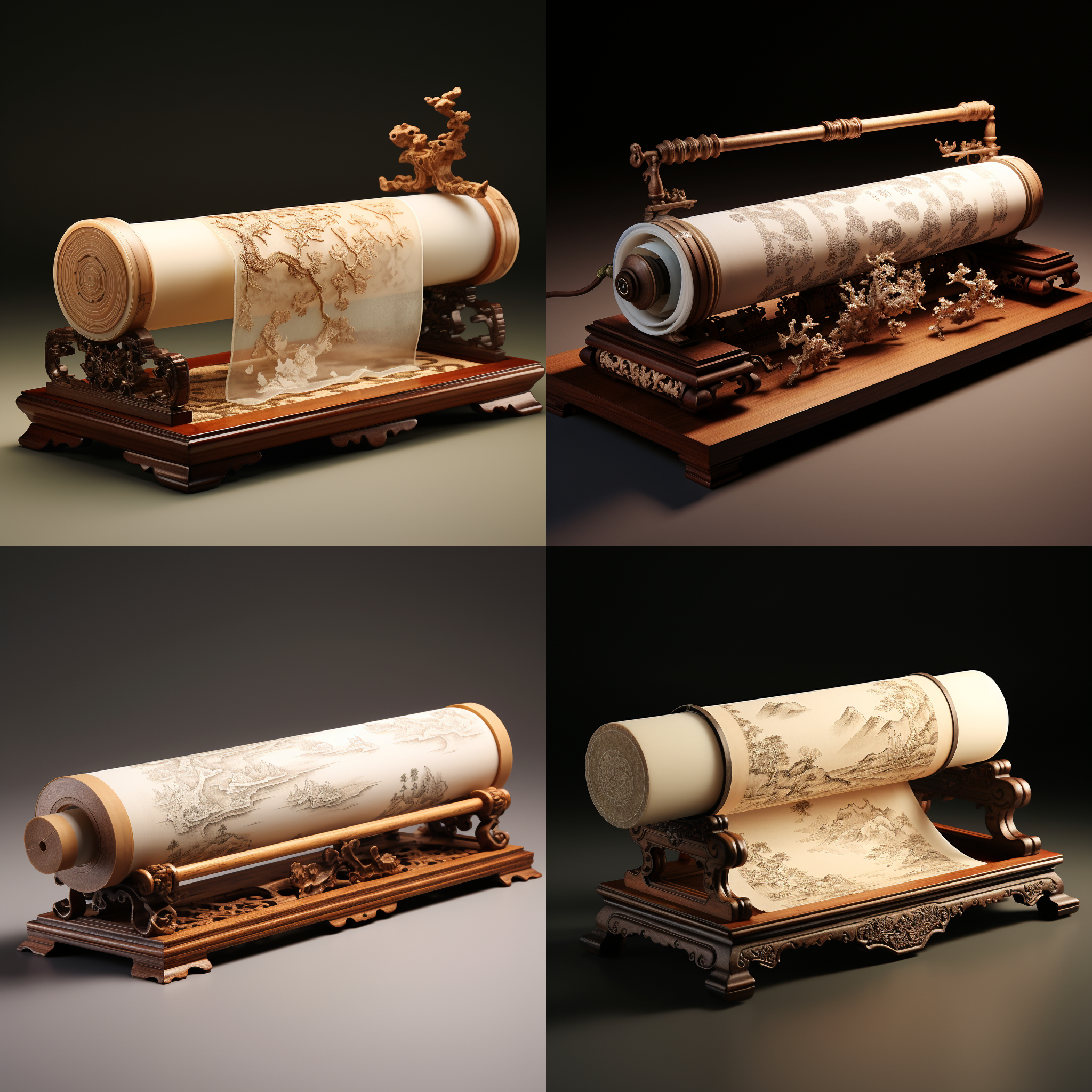 the scroll on the table unfolds, revealing one end of the scroll cylinder. above the scroll page stand figures from the wei and jin dynasties, ancient buildings, bridges, rivers, chinese style and ancient scrolls, 3d rendered chinese ink scenes, c4d, organza and jade materials, soft flow, historical painting, paper carving techniques, milky white and light yellow tones, light backgrounds, excellent image quality, fine details, yellow lighting, ultra wide angle lenses, and drone perspectives.