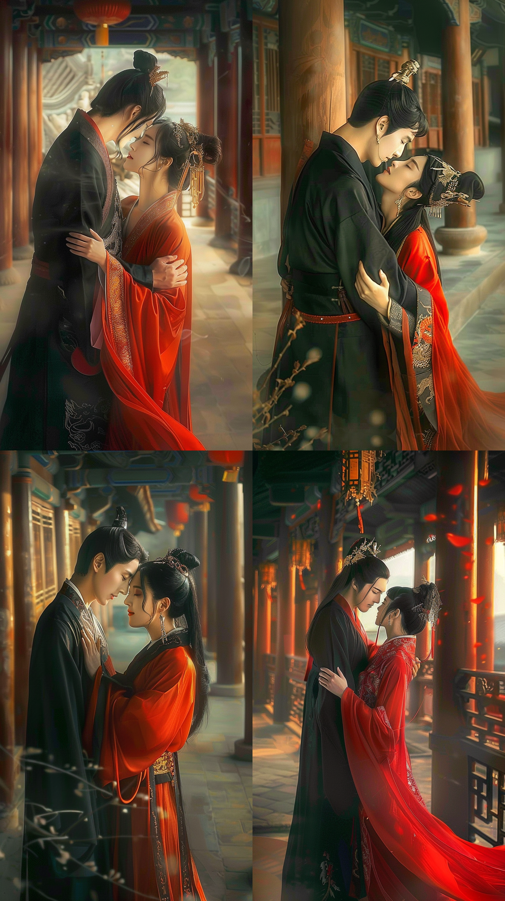 中国古风，古代公子英俊潇洒，少女娇美长发飘飘，身材饱满，倒在少侠怀里，英雄救美，光线柔和，全景，传统文化，插画，细节丰富，情节性强，人物表情细腻，服饰华丽，背景古朴，色彩温暖，动作流畅。