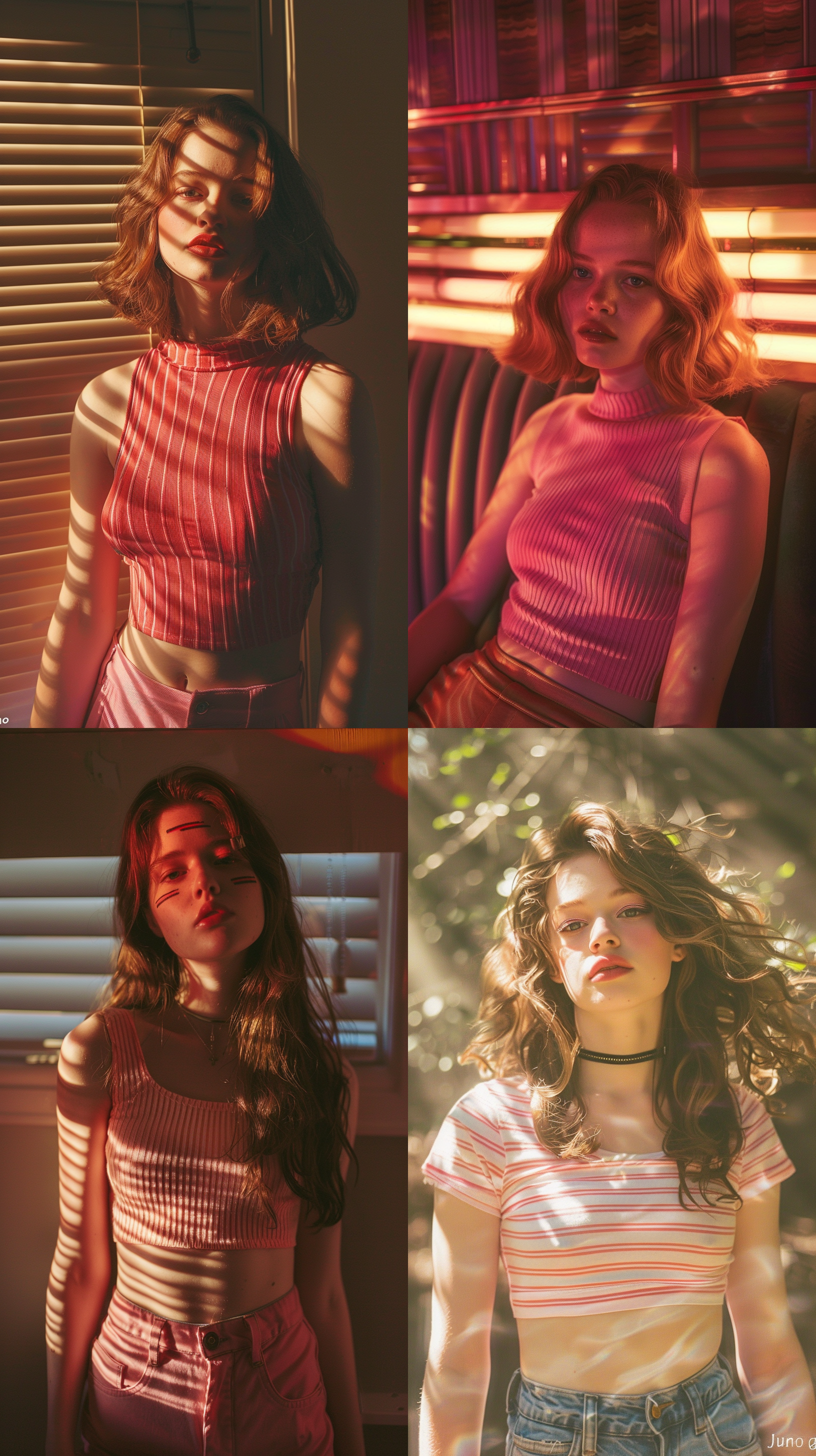 粉色露脐上衣，2000年代风格，梦幻氛围，超现实少女，1950年代感觉，年轻妮可·基德曼，眼上条纹，e女孩，受边寿民启发，《朱诺》宣传照风格，麦肯基·弗依，地下室场景，赫敏形象，90年代风情，春季气息，目录风格，柔和光线，自然光，特写镜头，细腻皮肤质感，复古色调，忧郁表情。