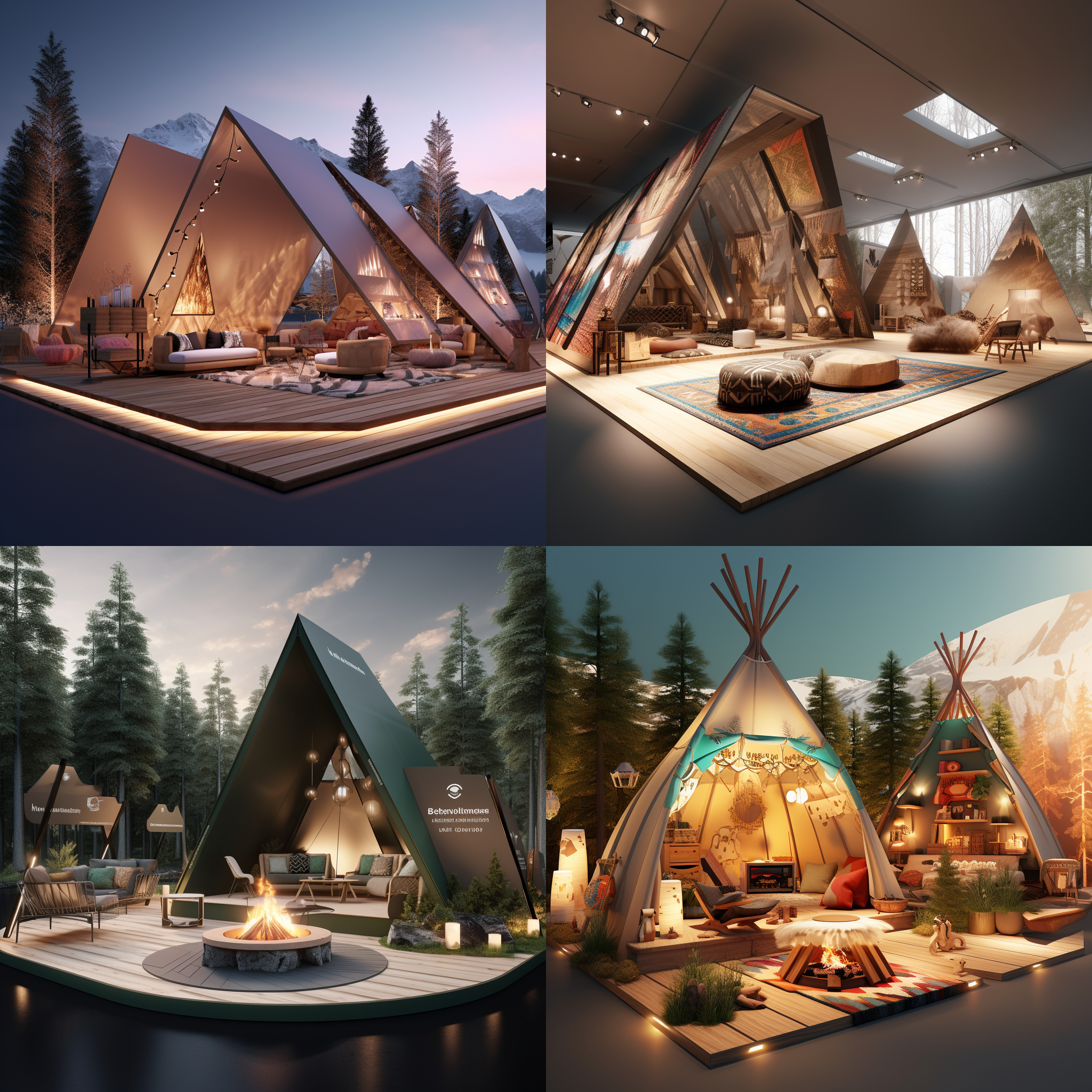modern exhibition booth, a outdoors 3d commercial display, green mountains and forests, bohemian blankets, tents, bonfires, heating, horses, virgin forests, indians,c4d rendering,high quality, minimalist style, three dimensional architecture, wide perspective, bright lighting