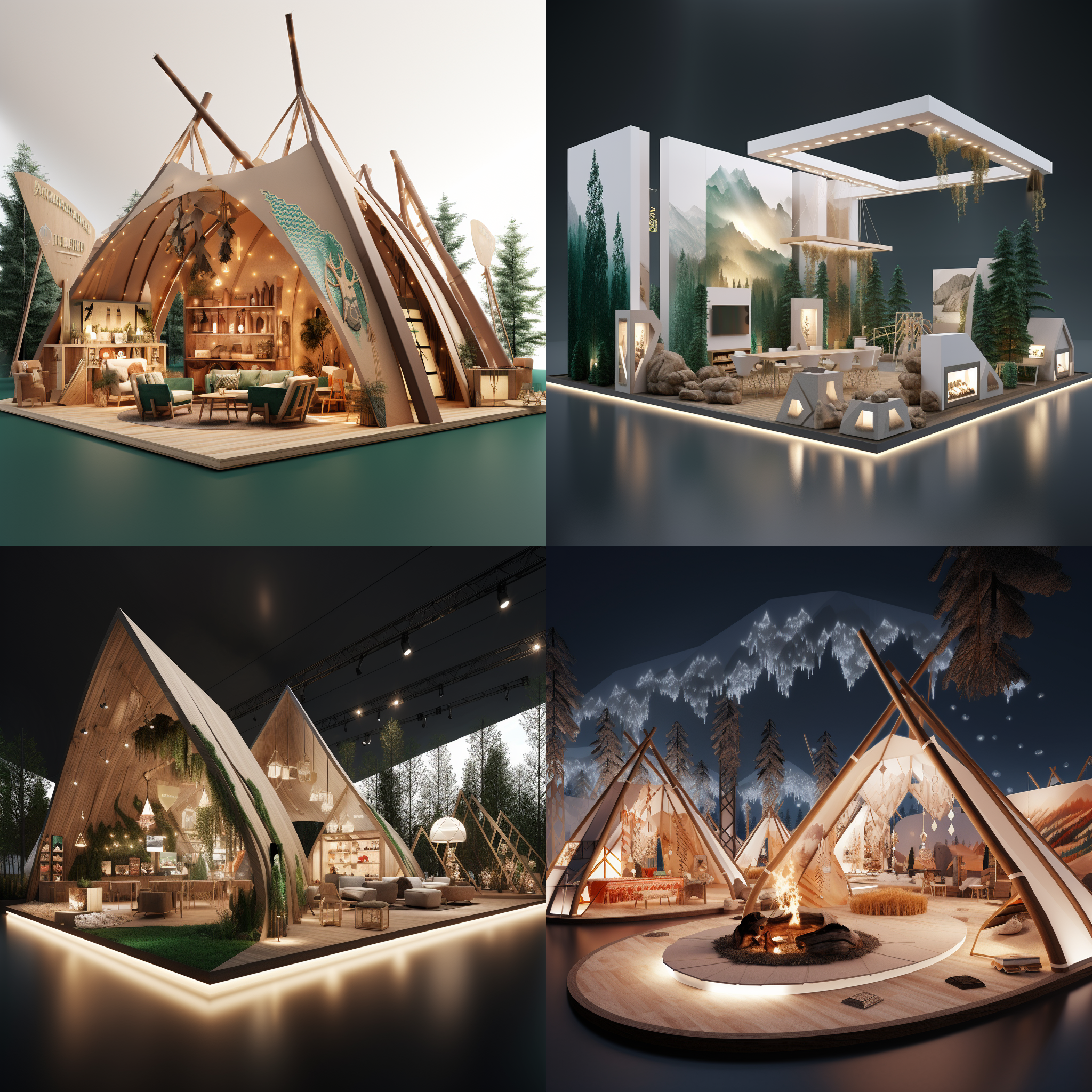 modern exhibition booth, a 3d commercial display, green mountains and forests, bohemian blankets, tents, bonfires, heating, horses, virgin forests, indians,c4d rendering,high quality, minimalist style, three dimensional architecture, wide perspective, bright lighting