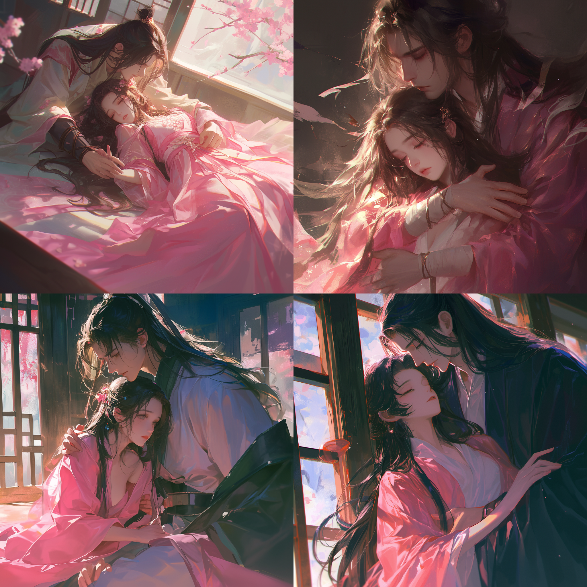 16岁中国古代情侣，面容精致柔弱，粉色汉服，正脸长发，双手被捆，绑架场景室内，长焦镜头，高清16k，明亮色调，细节丰富，高对比度，冷光线，紧张，无助。