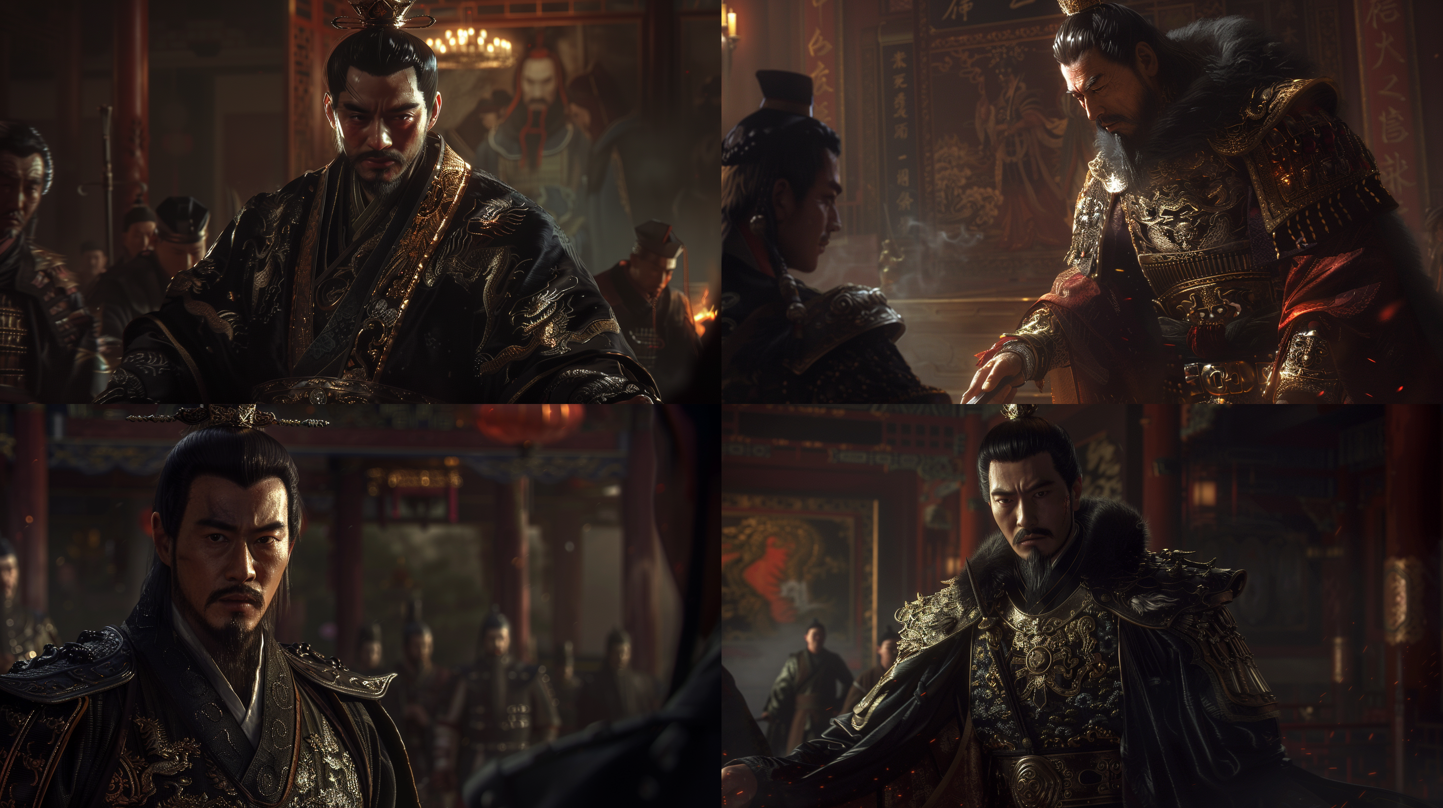 秦王荆轲刺杀场景，宫廷辉煌，壁画繁复，龙袍秦王威严，手持玉玺，铠甲金光，战袍龙纹，荆轲持匕首逼近，光影交错，气氛紧张，高清细节，艺术化风格，动态捕捉，威严决断。