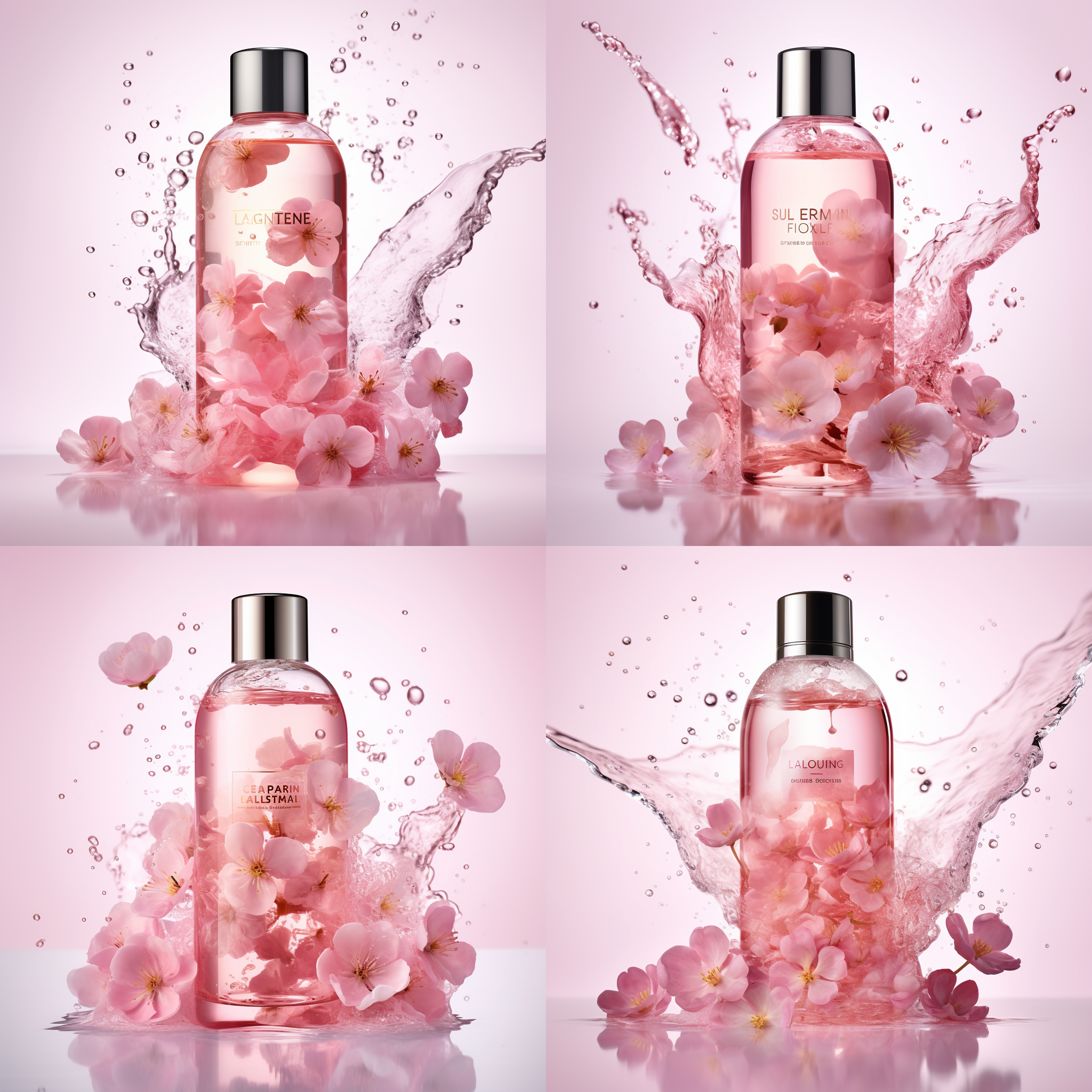 三维专业产品摄影，展示沐浴露，山茶花字样，淡粉色细闪流动沐浴露，白色背景，泡沫，简洁柔和光线，极简风格，高端质感，自然光，微距镜头，细节清晰，色彩饱和，专业感，c4d渲染。