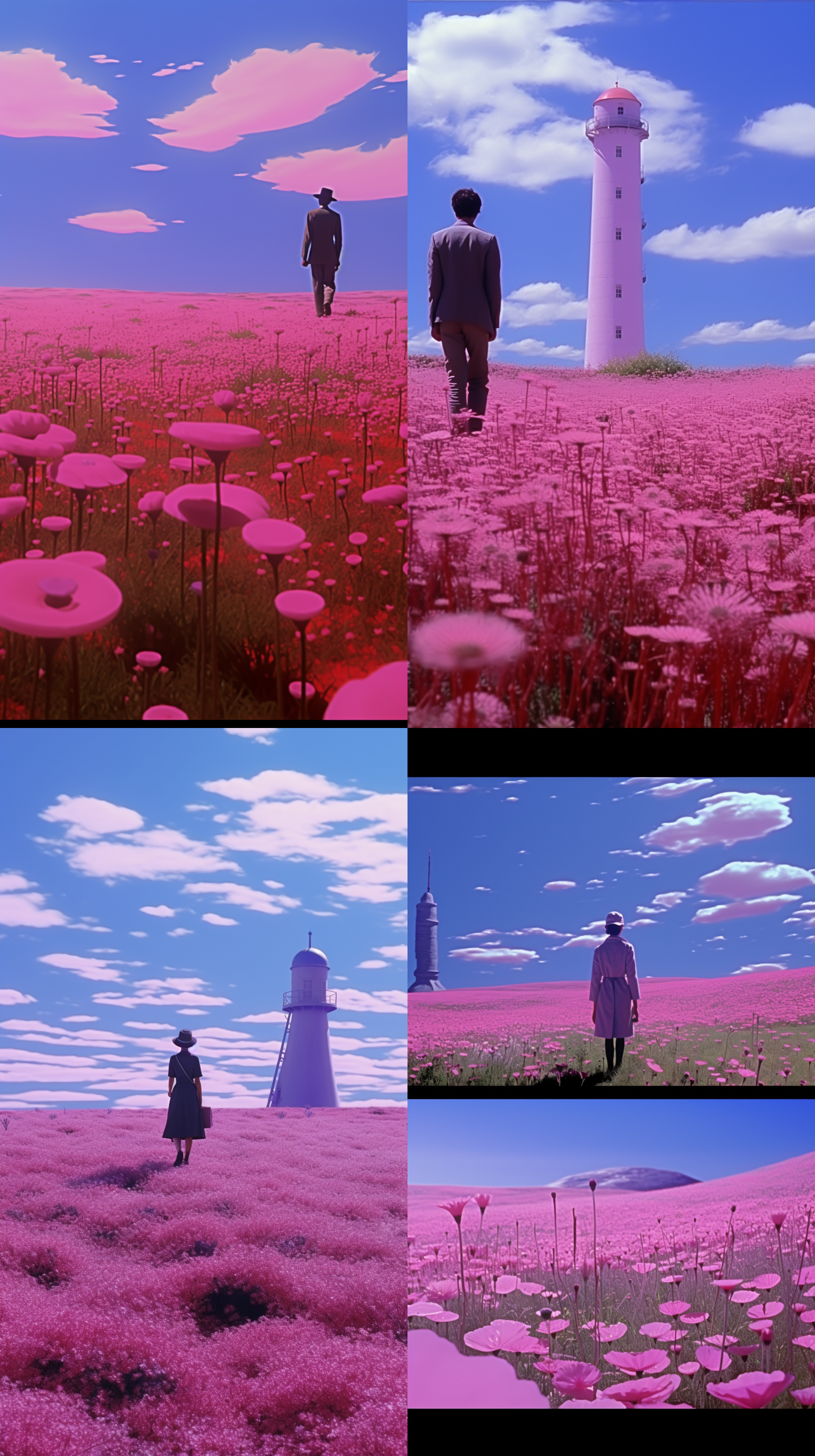 field of pink flowers, movie still of robot evangelion, light house, very very very aesthetic, ffffound, willy wonka, アニメ, dwell, yoshitomo nara, deep purple, dvd screencapture, doctor who, windmill, scenic