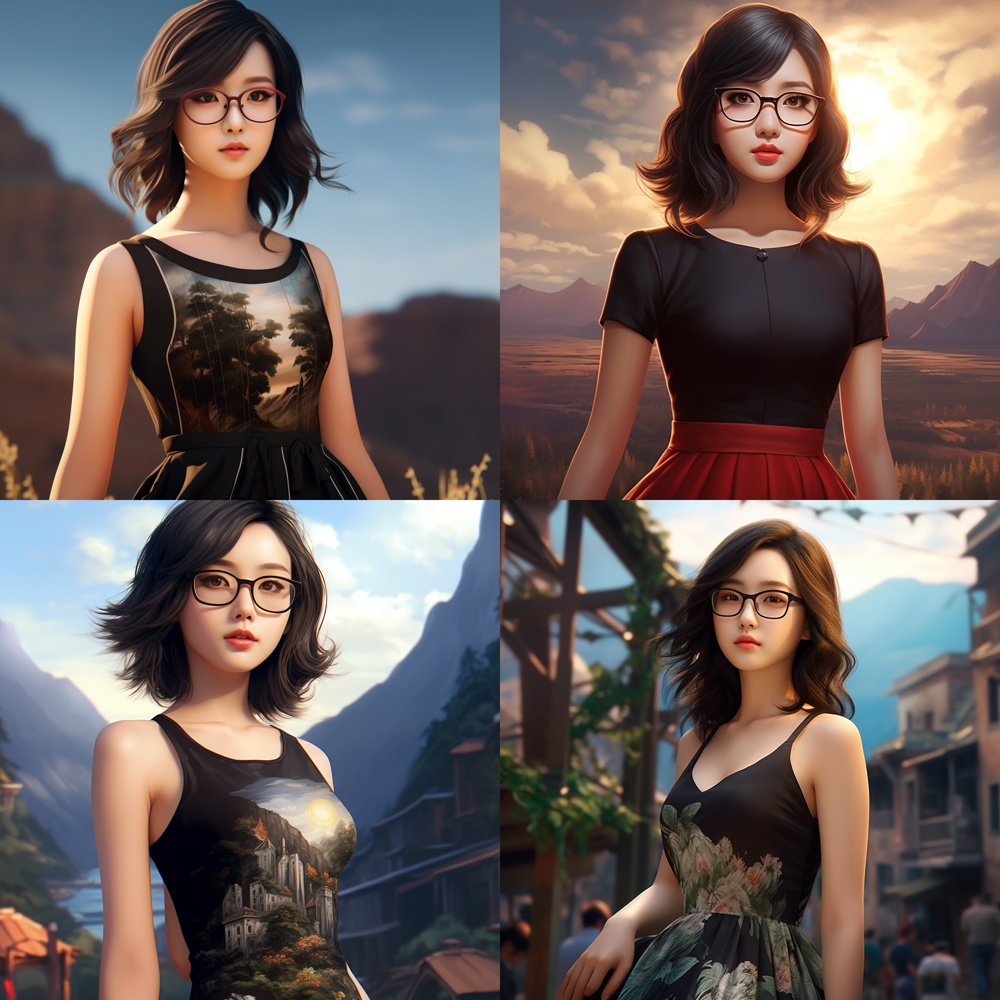 中国女孩，黑色齐耳短发，直发，戴眼镜，圆脸，全身，优雅，身材饱满高挑，吊带，脸部细节，摄影写真，超清渲染