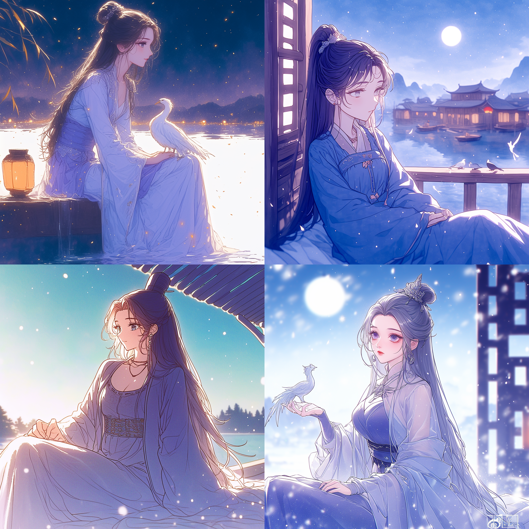 北海游，苍梧暮，古风仙境，湖泊边，亭台楼阁，白色连衣裙仕女躺床上，身上浮现一只凤凰，梦幻般的光影，柔和侧光，长焦镜头，低饱和度，静谧，神秘。