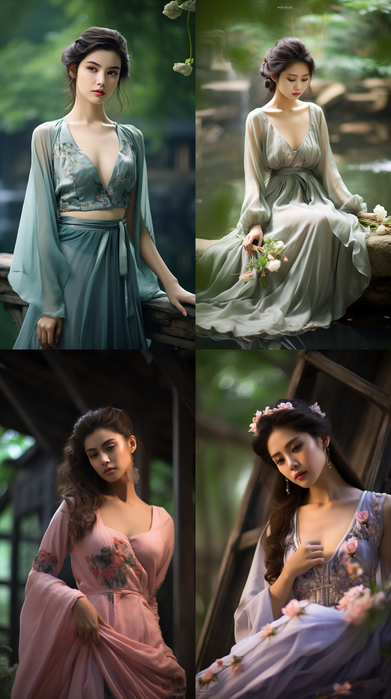 古风中国美女，深v低胸设计，优雅姿态，透明丝绸质感，柔和光线，浅景深，自然色彩，宁静表情，微风拂动，长裙摆动，细腻肌肤，温柔眼神，古典园林背景。