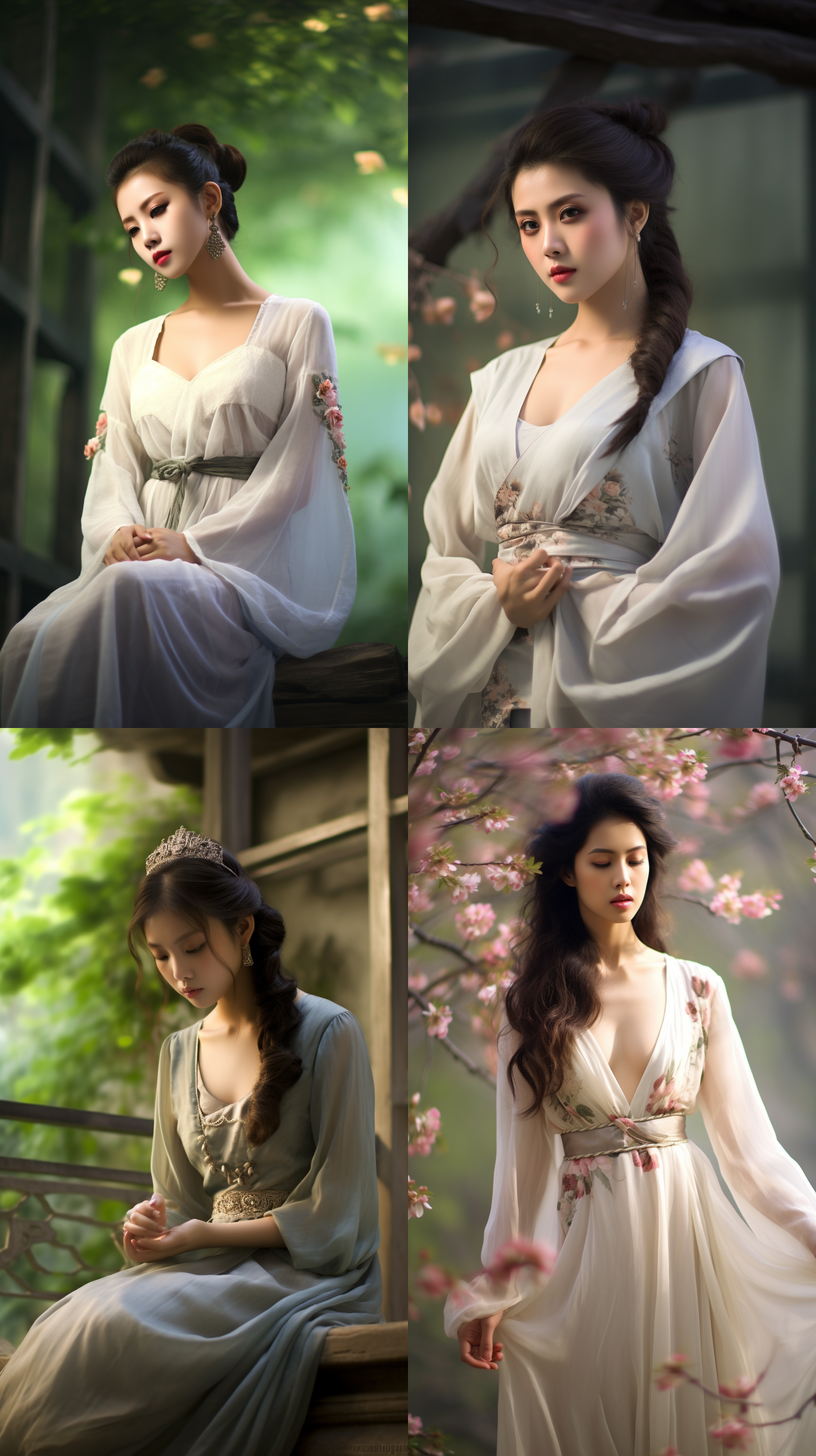 古风中国美女，深v领低胸设计，优雅姿态，透明丝绸质感，柔和光线，浅景深，自然色彩，宁静表情，微风拂动，长裙飘逸，细腻肌肤，古典园林背景，侧光照明，高清细节。