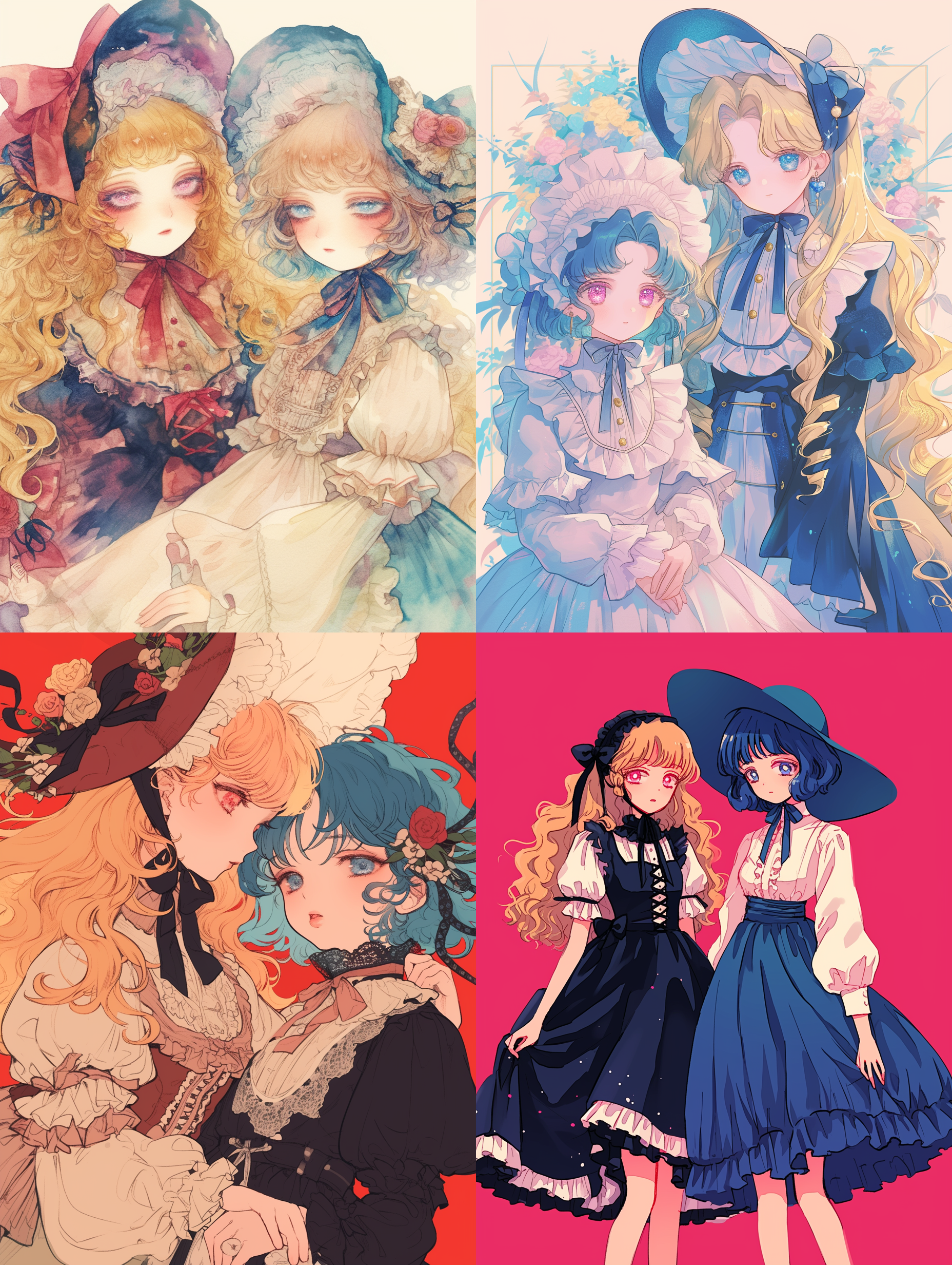 两个穿着lolita长裙的少女，戴着lolita帽子，金色长发进气口和粉色眼睛的女孩，蓝色短发中分发型和蓝色眼睛的女孩，赛璐璐画风，动漫风格，欧式复古，vintage