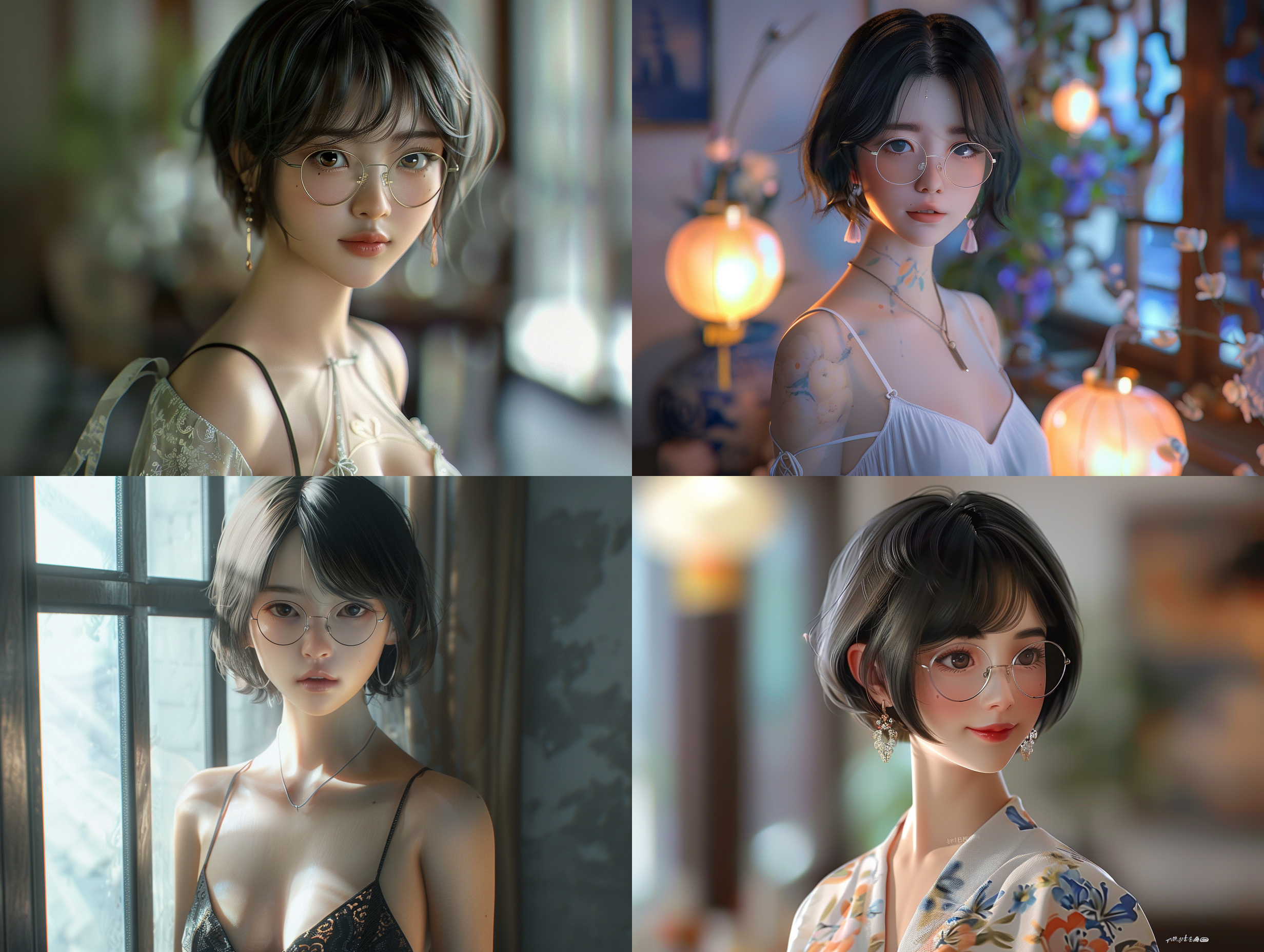 chinese girl with black ears and short hair, straight hair, wearing glasses, round face, full body, elegant, tall figure, camisole skirt, facial details, photography, ultra clear rendering, indoor, soft lighting, mid focus lens, confident smile, dignified.,,in clothes