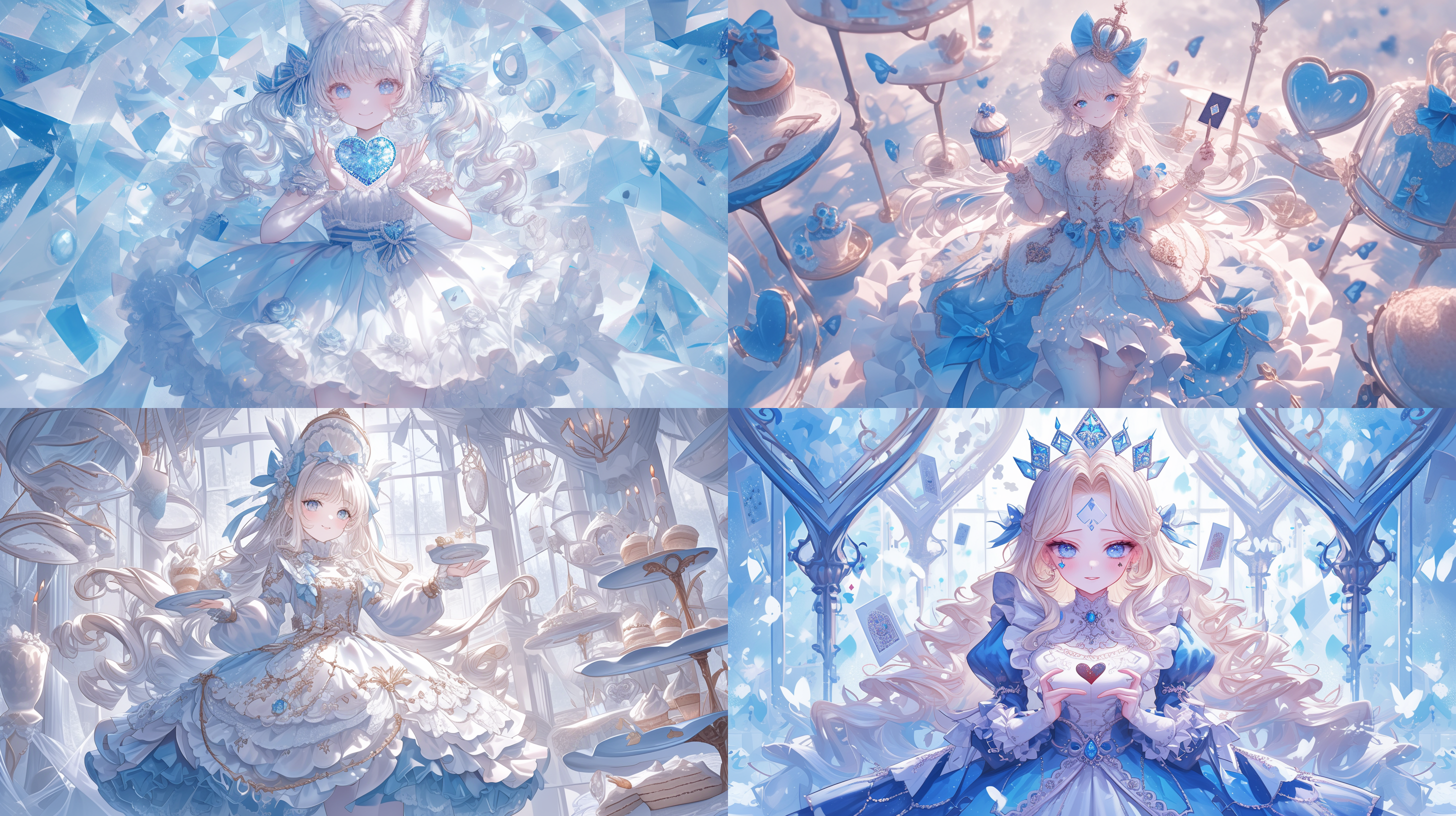 萝莉穿浅蓝白调洋装，手持心形扑克牌，对称塔罗牌构图，全身照，柔和光线，细腻服装纹理，粉状妆容，边缘平滑，官方印刷质感，眼神灵动。深浅色调，魔法艺术风格，撒有糖粉的杯子蛋糕，温馨氛围。