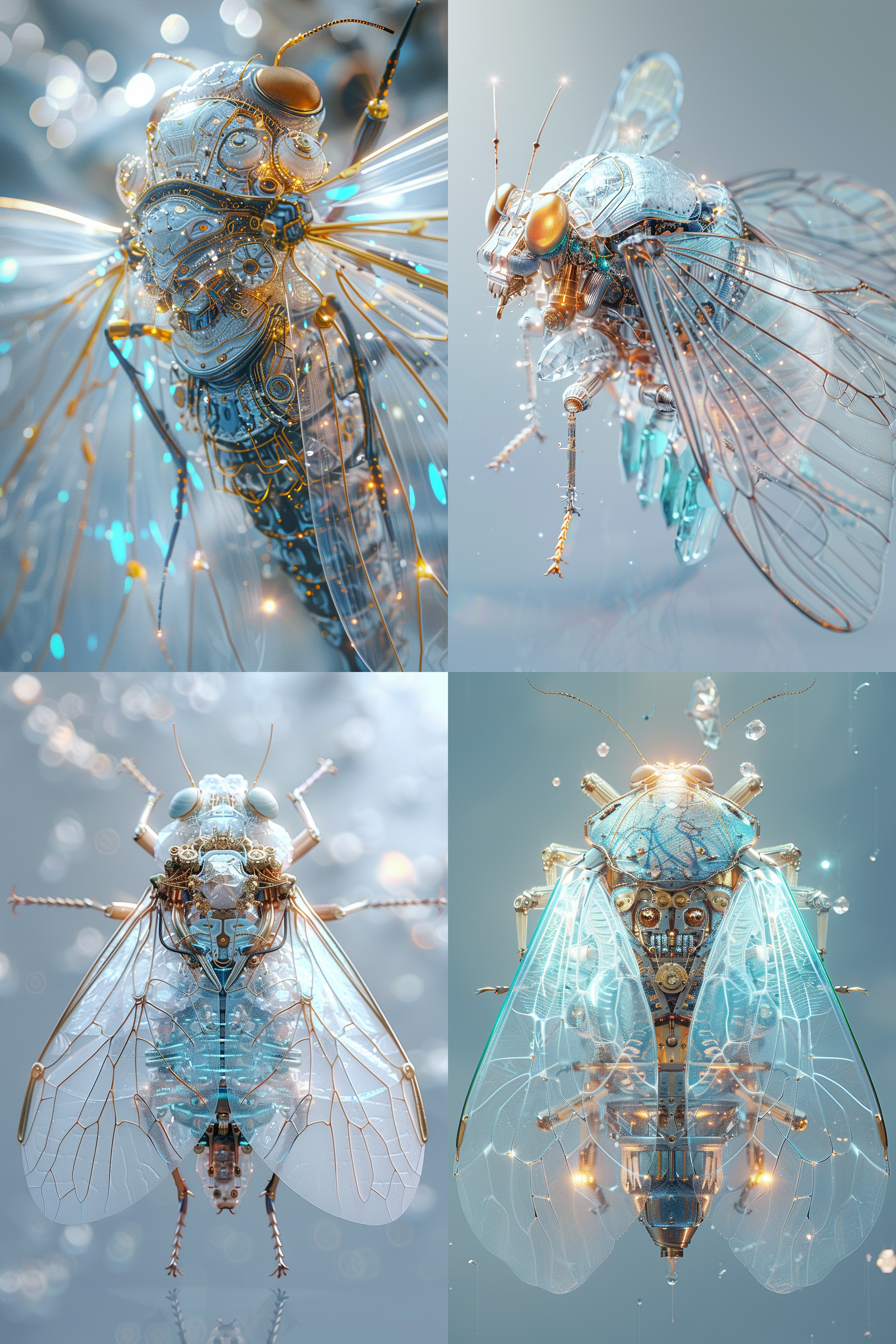 一只机械蝉，人视角角度，c4d渲染风格，梦幻和浪漫，射线追踪，冰蓝色和银色白色，精致的材料，飘渺的梦幻，发光，半透明的颜色，薰衣草和淡金，水晶，机械部件解剖，碳，电缆，虚幻引擎，体积照明，16k，超细节