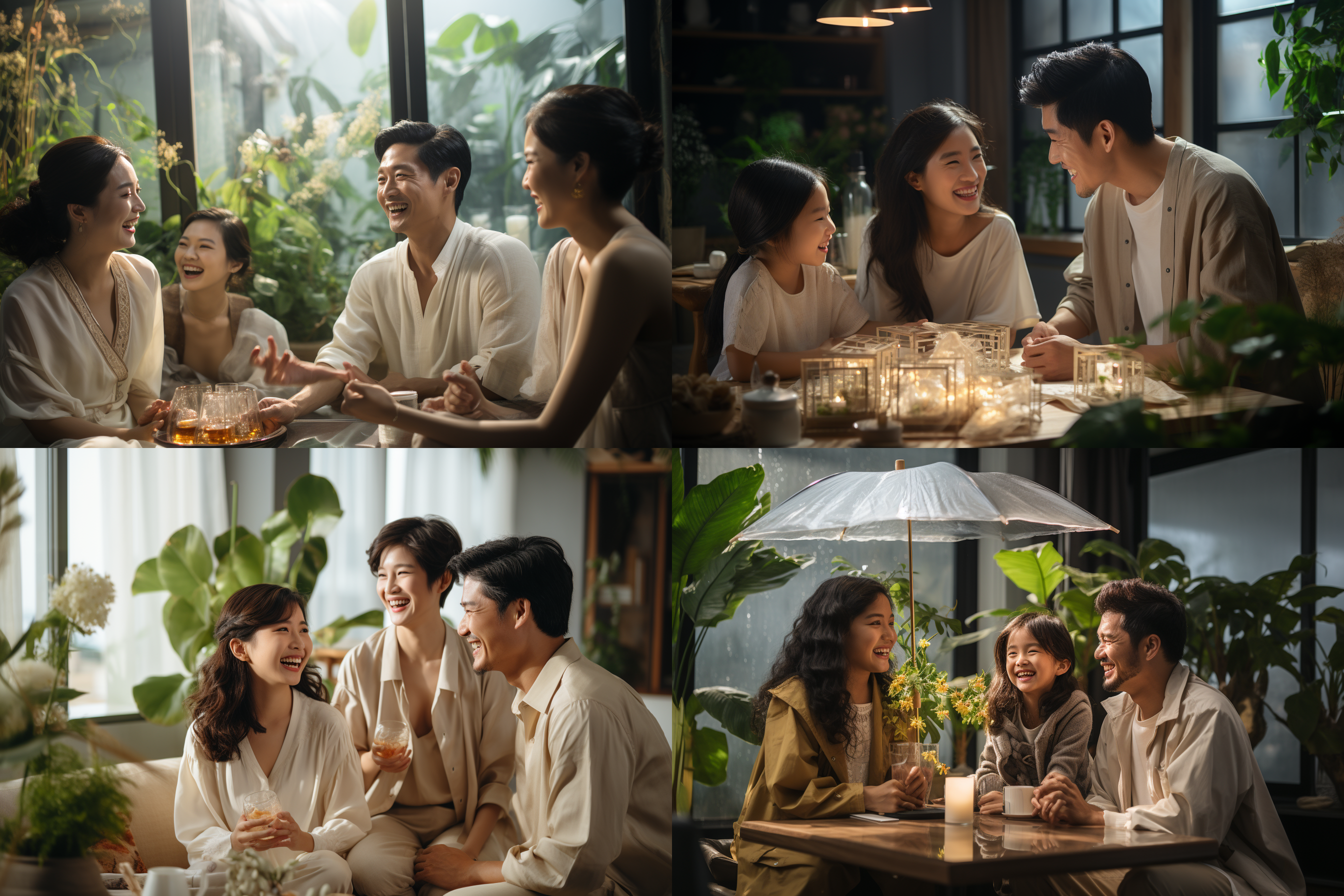 中国模特一家四口，亚洲人，客厅内对视玩乐，温馨愉快，家居浅色风格，沙发，窗口穿着白色家居服，坐在窗户边，柔和光线，阳光洒进来，自然光，微笑，亲密，广角镜头，低饱和度，温馨氛围。