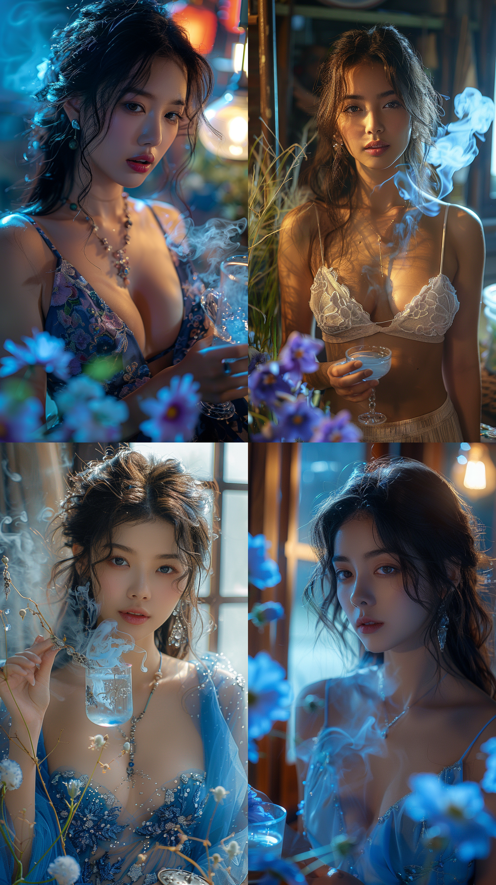 a 20-year-old asian woman,low cut clothing,snow white,very beautiful,with smooth and firm skin. she was adding a mysterious blue plant to a glass of hot water in her villa. smoke rises from the cup while the flowers glow a grey-blue. using 4k 35mm footage, realistic style, applied contrast, ultra-detailed.hd16k