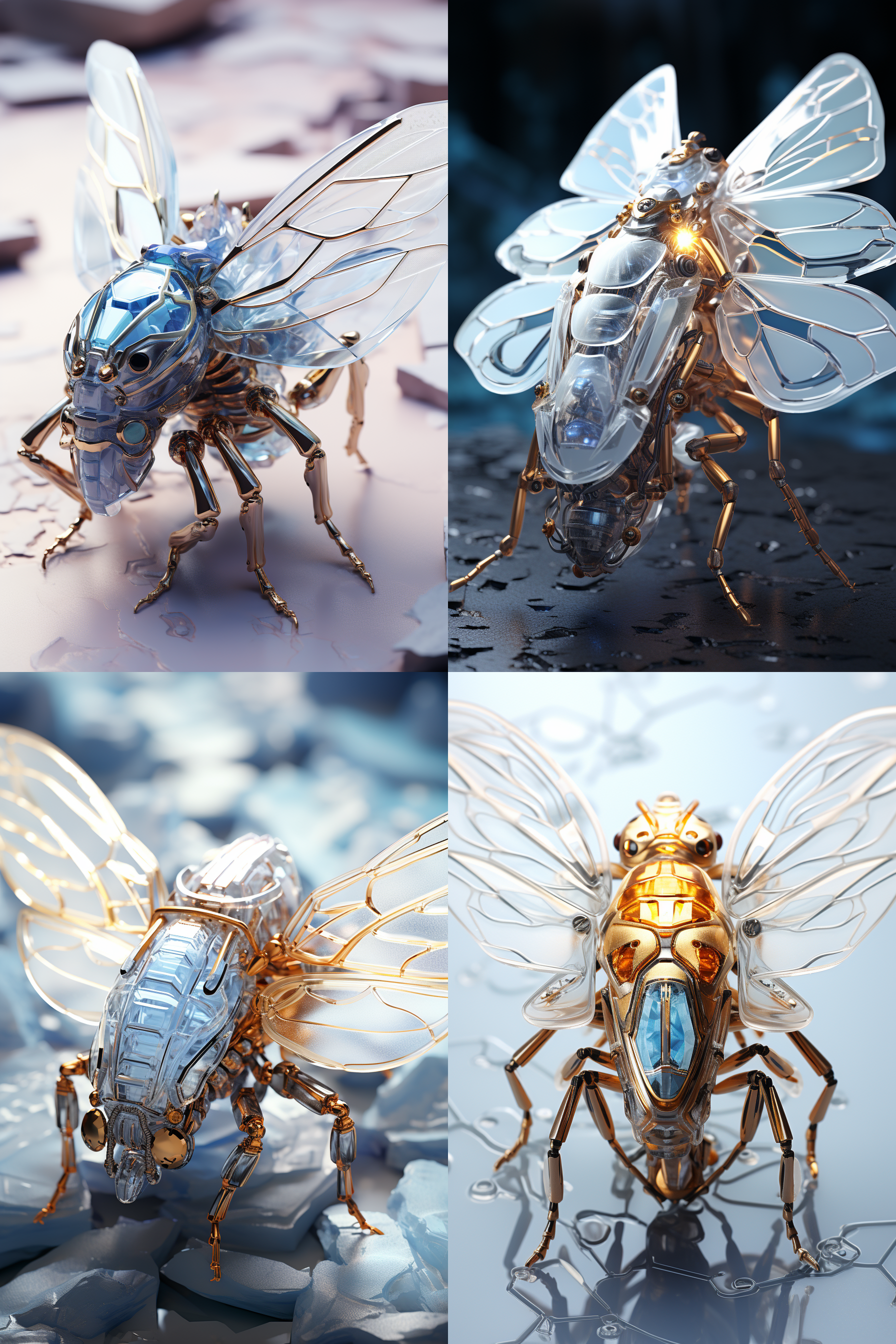 一只机械蝉，人视角角度，c4d渲染风格，梦幻和浪漫，射线追踪，冰蓝色和银色白色，精致的材料，飘渺的梦幻，发光，半透明的颜色，薰衣草和淡金，水晶，机械部件解剖，碳，电缆，虚幻引擎，体积照明，16k，超细节