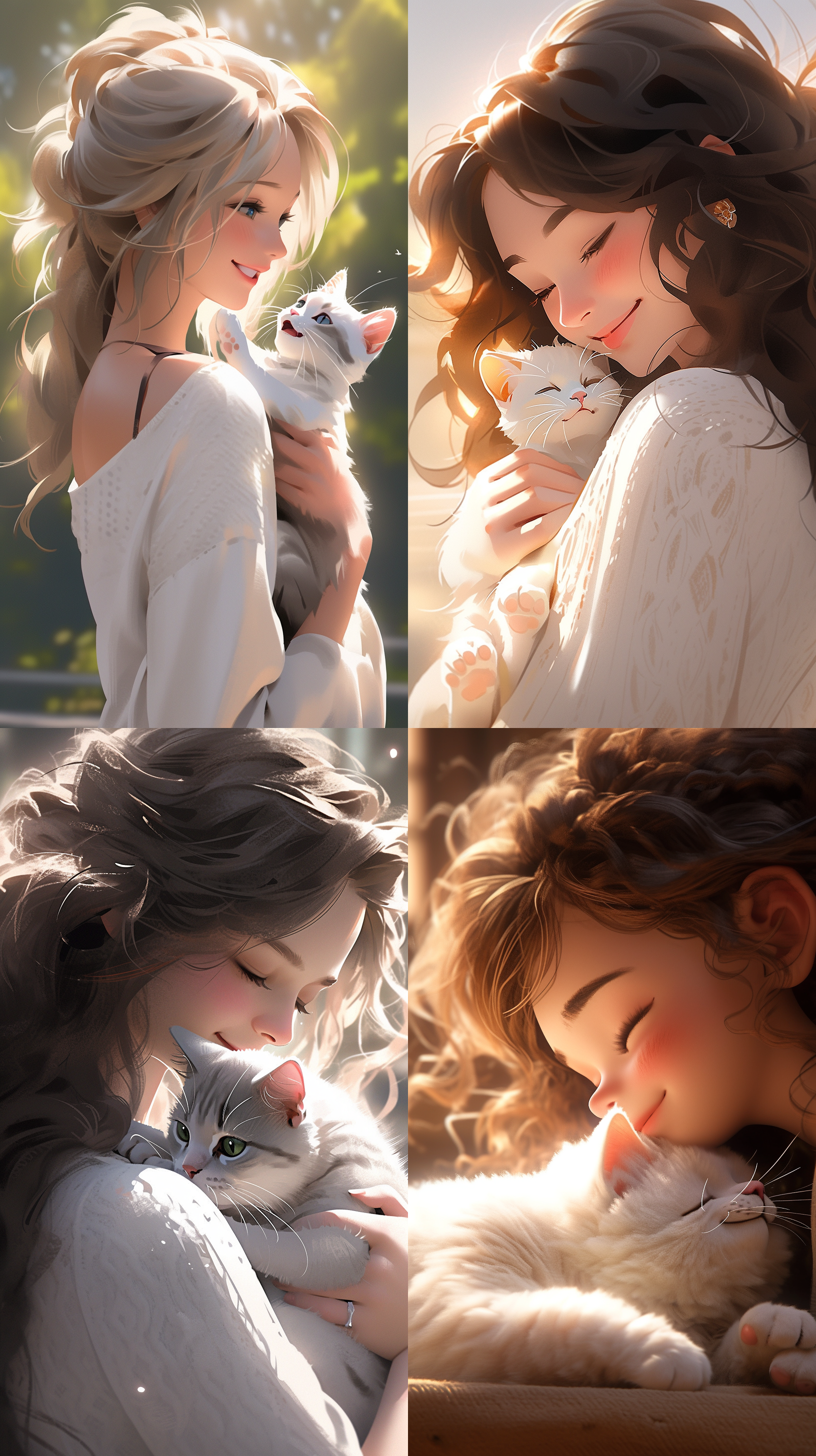 9:16比例，美丽女孩与胖嘟嘟白色猫咪，女孩微笑望向远方，猫咪凝视女孩，近景特写，温馨氛围，自然光照射，动态捕捉瞬间，卡通风格渲染，8k分辨率，高质量细节。