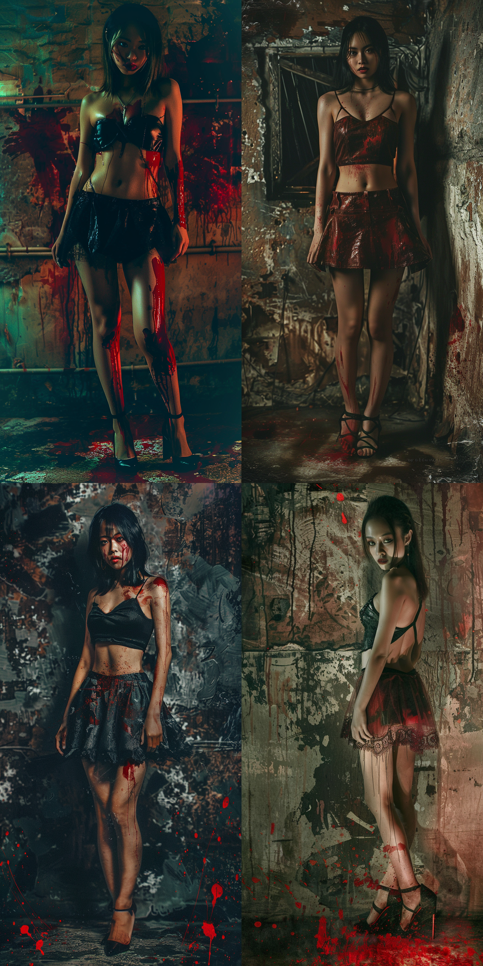 一位薄短裙东亚美女，站姿，高跟鞋，全身图，五官精致，邪恶表情，眼中有邪恶的红光，身上有溅射状红色颜料，阴暗场景，背景为黑暗神秘洞窟，压抑感，暗黑哥特风格，低色彩饱和度，照片质感，昏暗光线，诡异氛围，注重细节