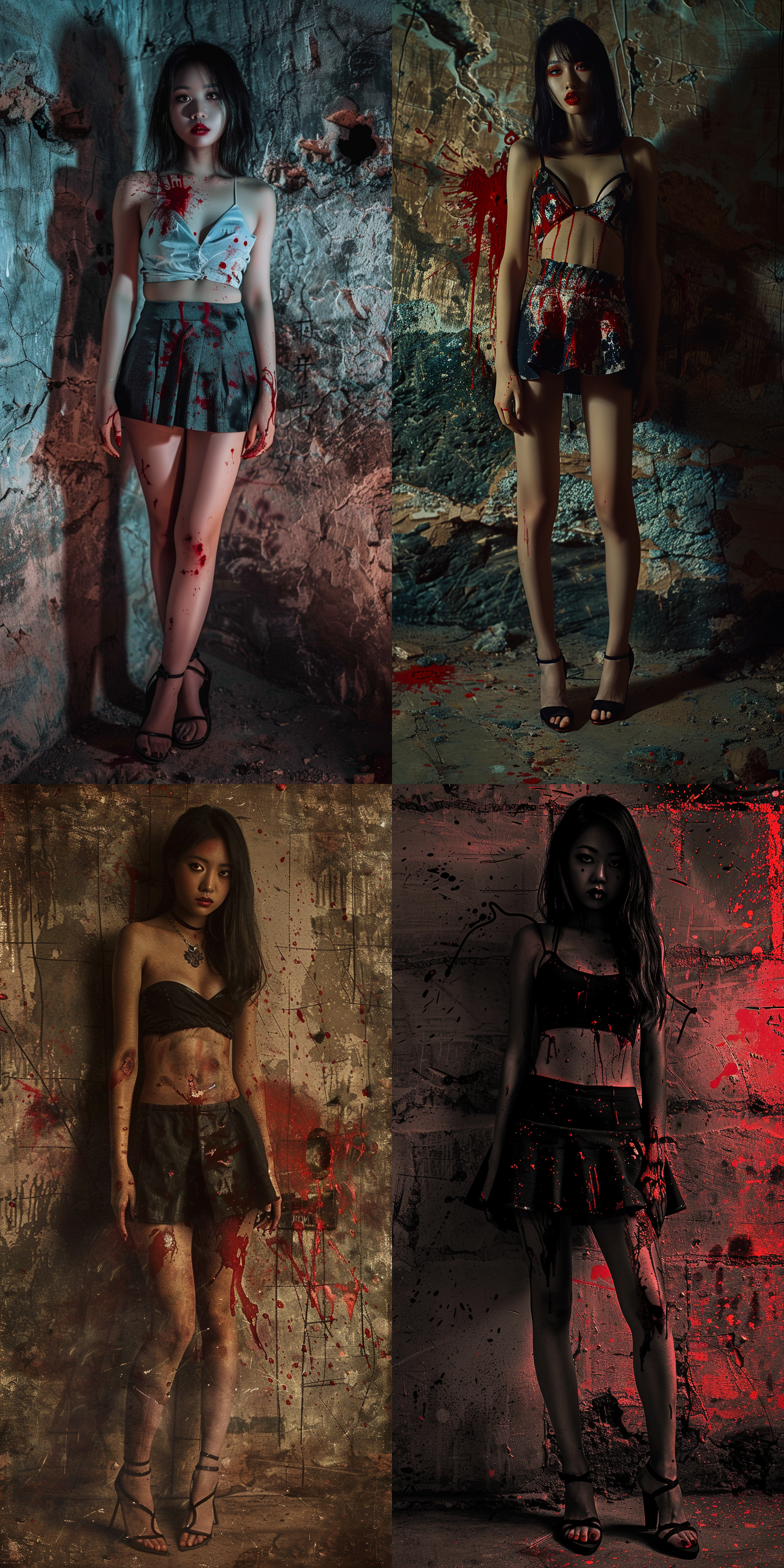 一位薄短裙东亚美女，站姿，高跟鞋，全身图，五官精致，邪恶表情，眼中有邪恶的红光，身上有溅射状红色颜料，阴暗场景，背景为黑暗神秘洞窟，压抑感，暗黑哥特风格，低色彩饱和度，照片质感，昏暗光线，诡异氛围，注重细节