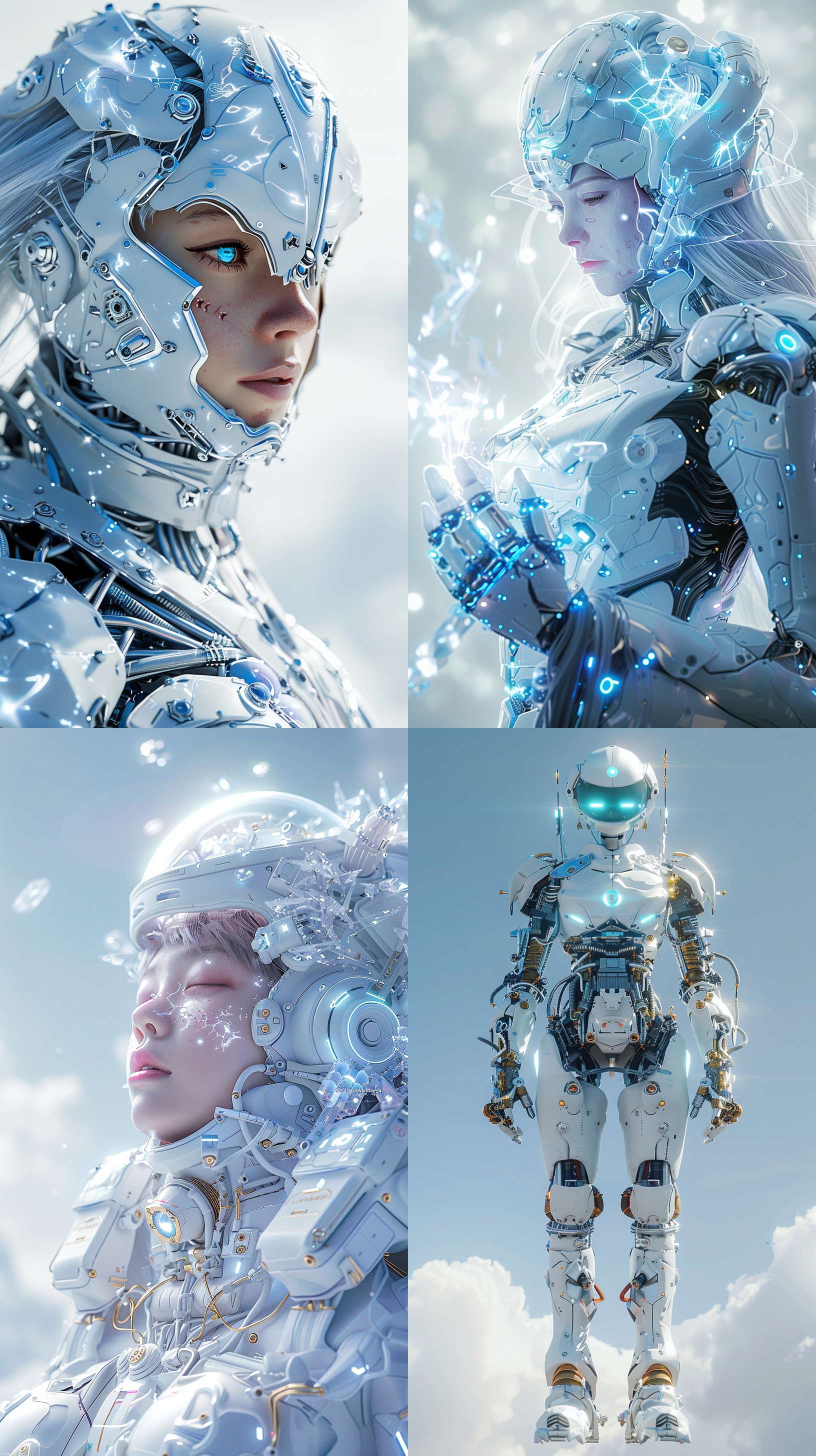 一个机械姬，女性，未来感，科技感，人视角角度，全身，c4d渲染风格，梦幻和浪漫，射线追踪，冰蓝色和银色白色，精致的材料，飘渺的梦幻，发光，半透明的颜色，薰衣草和淡金，水晶，机械部件解剖，碳，电缆，虚幻引擎，体积照明，16k，超细节