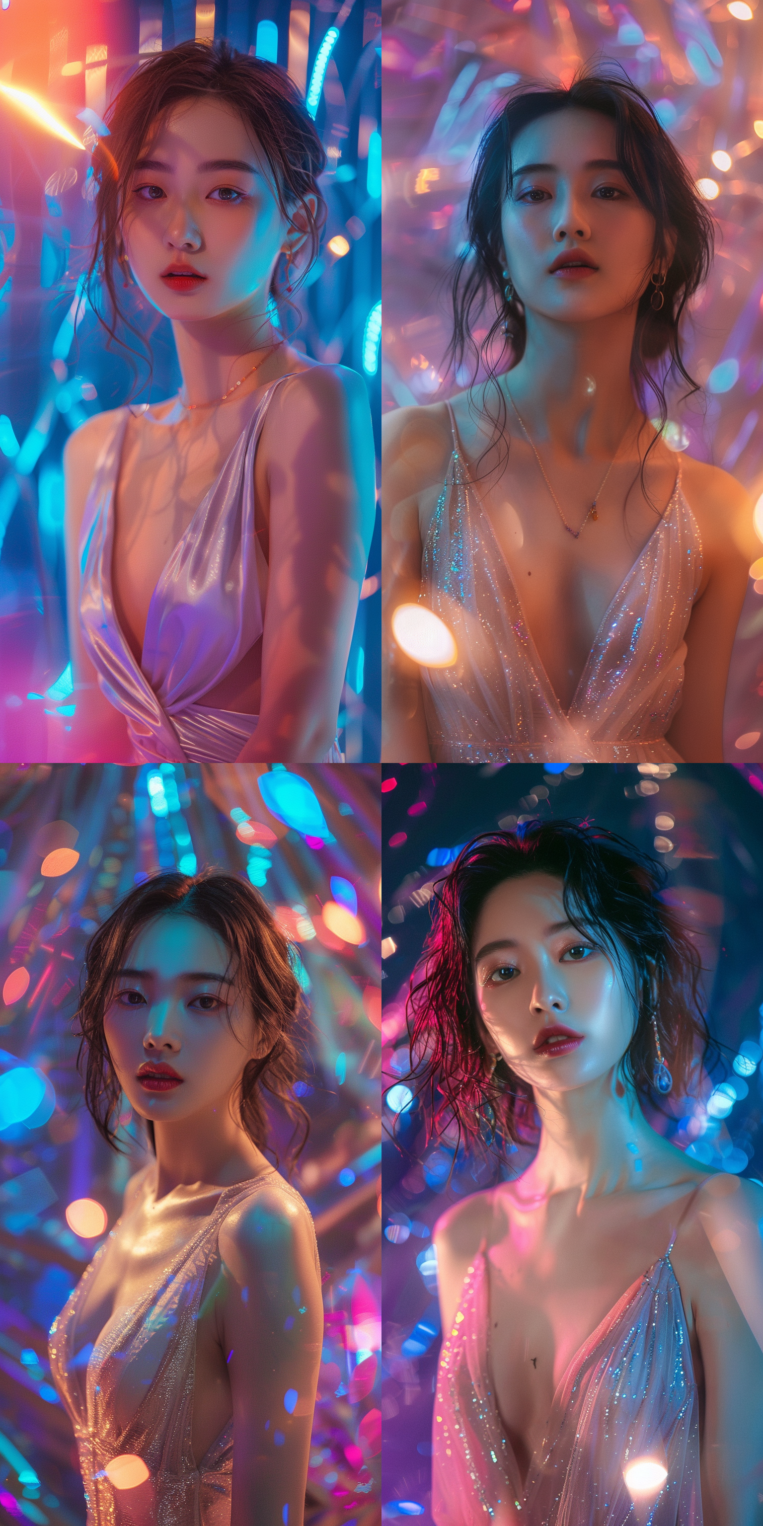 美丽中国女性，45度全身照，傲人身材，深v礼服，舞台灯光与自然光线交织，色彩缤纷背景，精致眼睛，白皙皮肤，露肩设计，优雅气质，精致妆容，自然喜悦表情，构图平衡，长焦镜头，超现实风格，8k分辨率，画面亮点突出。